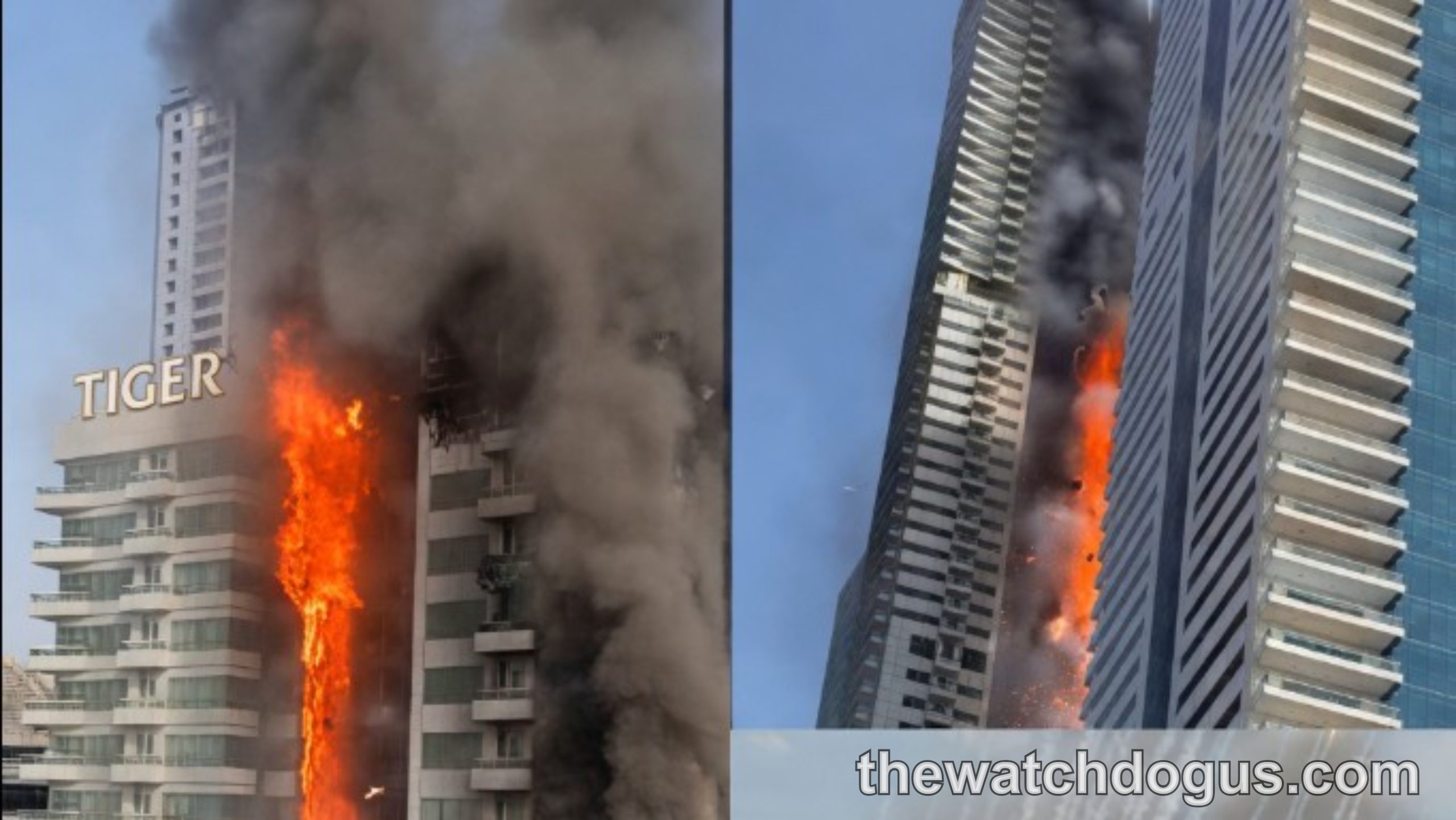 High-rise building engulfed in flames during Middle East crisis conflict showing massive fire and smoke