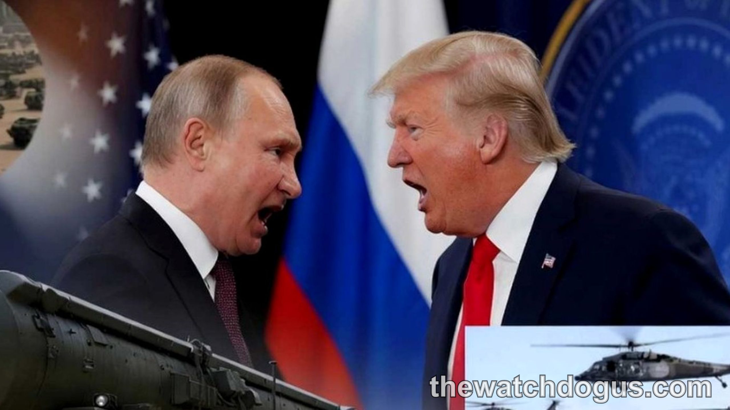 Two leaders in formal attire discuss military coalition strategy with flags and military helicopter imagery