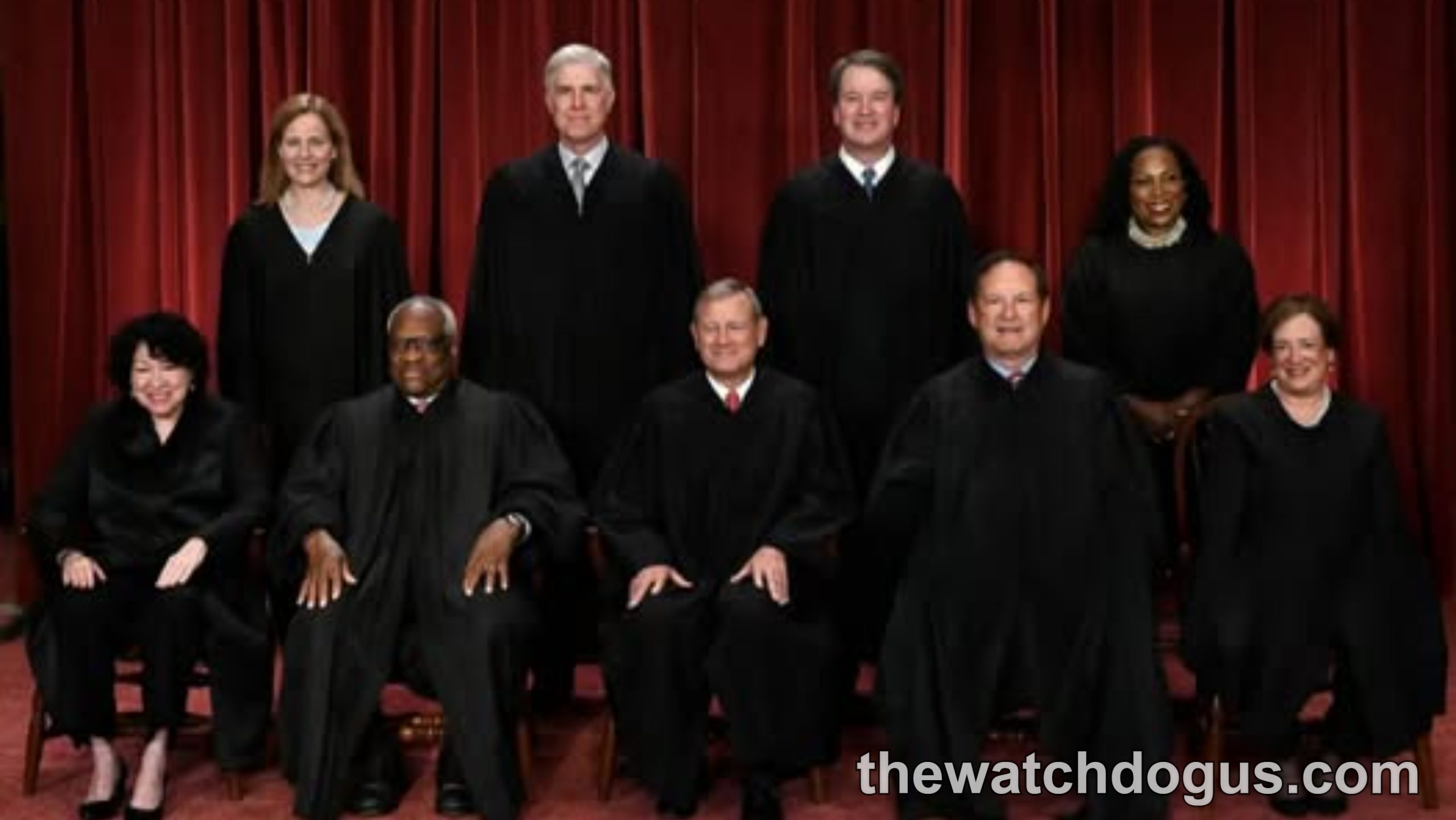 Supreme Court justices in official photo with text about Shall Means Shall ruling on abortion pill mifepristone case