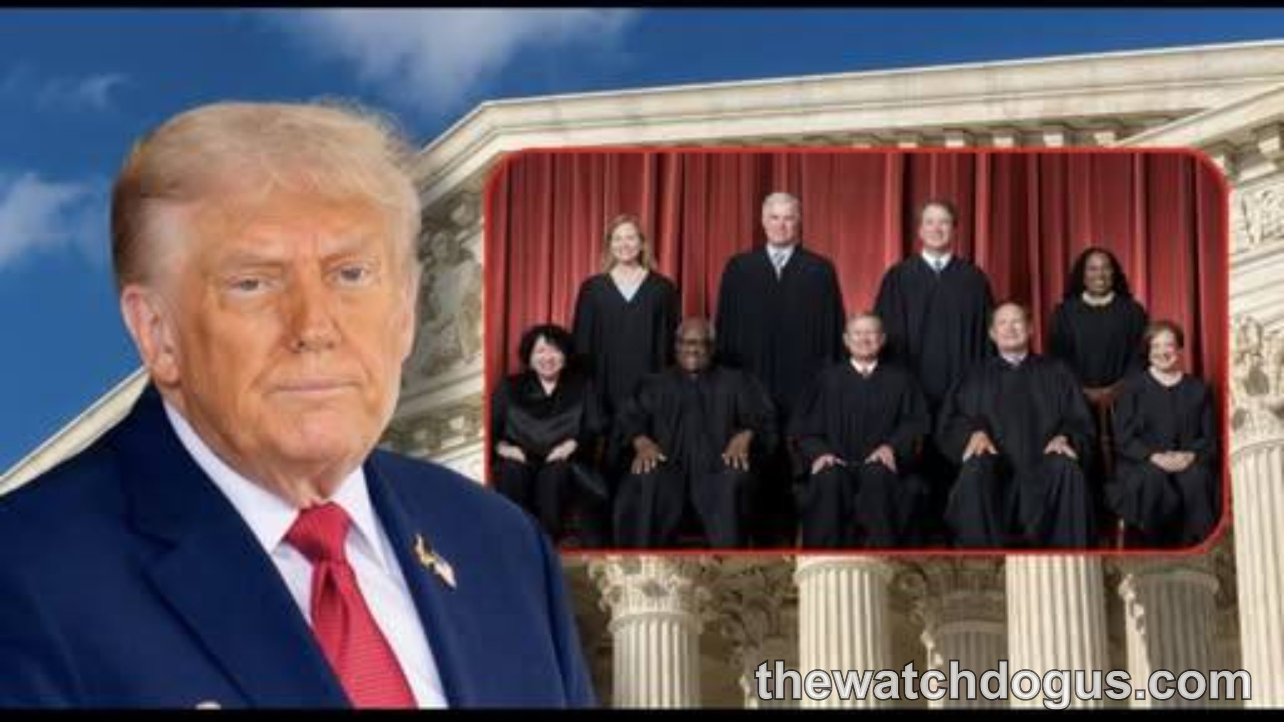 Supreme Court decision on Trump Venezuela TPS case with justices in robes and Trump portrait