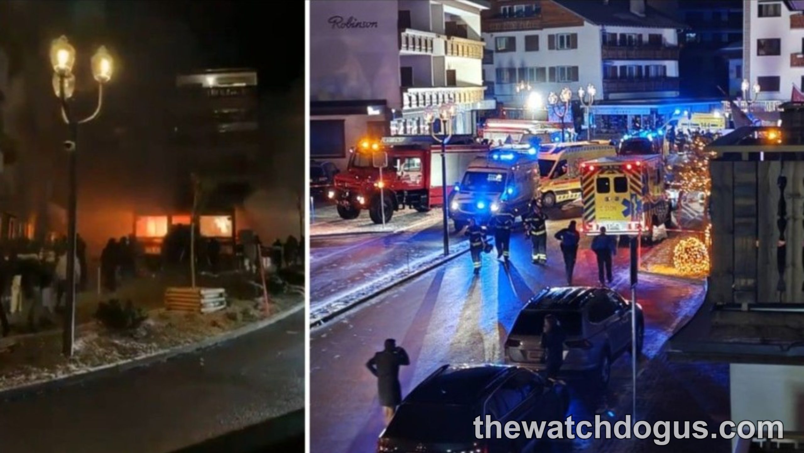 Emergency response to Swiss nightclub fire with fire trucks and first responders at snowy alpine resort venue