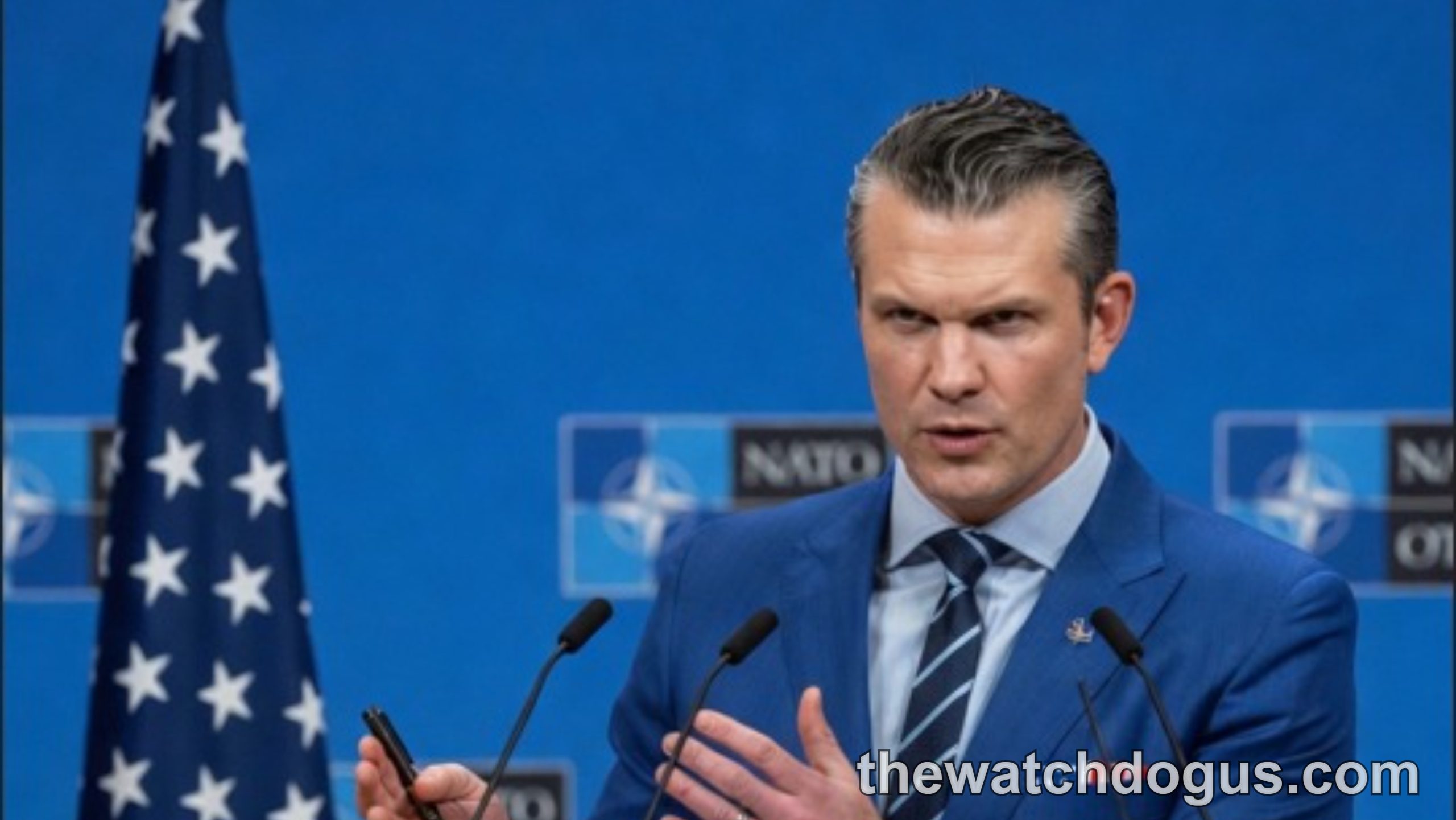 Pete Hegseth resignation announcement at NATO podium addressing Hegseth Signal controversy
