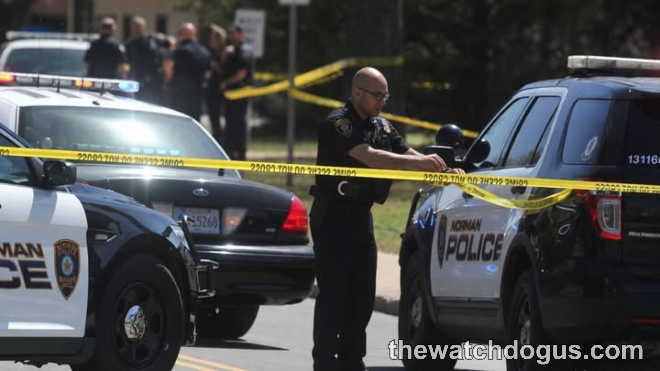 Police officers secure crime scene with yellow tape after missing girl found during investigation