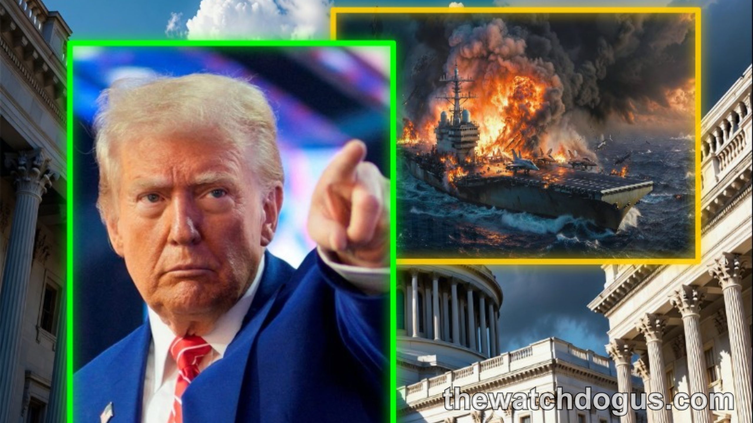 Political figure pointing with USS carrier on fire in background illustrating Iran nuclear weapons crisis escalation
