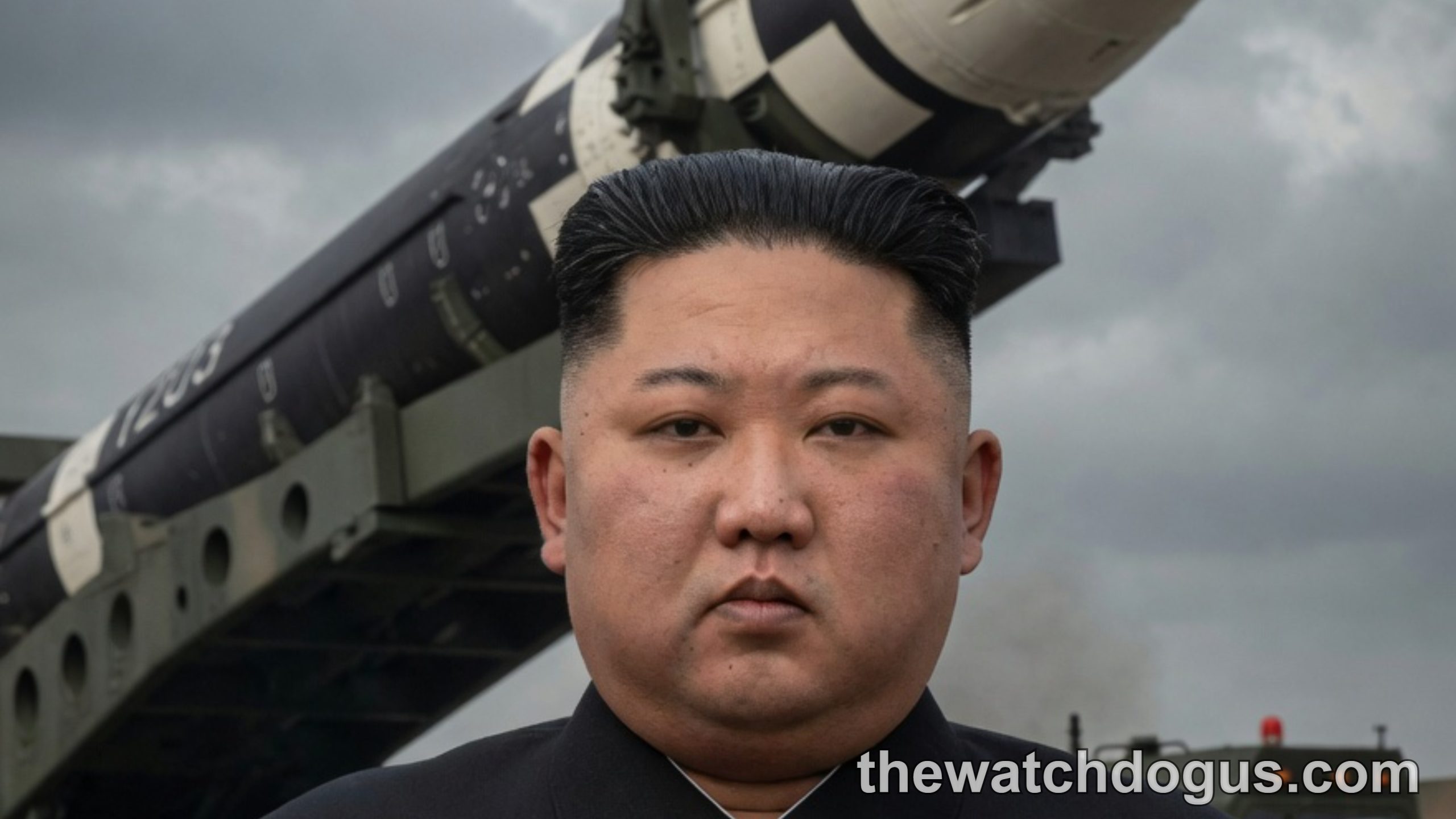 Man in black suit standing before missile launcher with red crescent star emblem on warhead