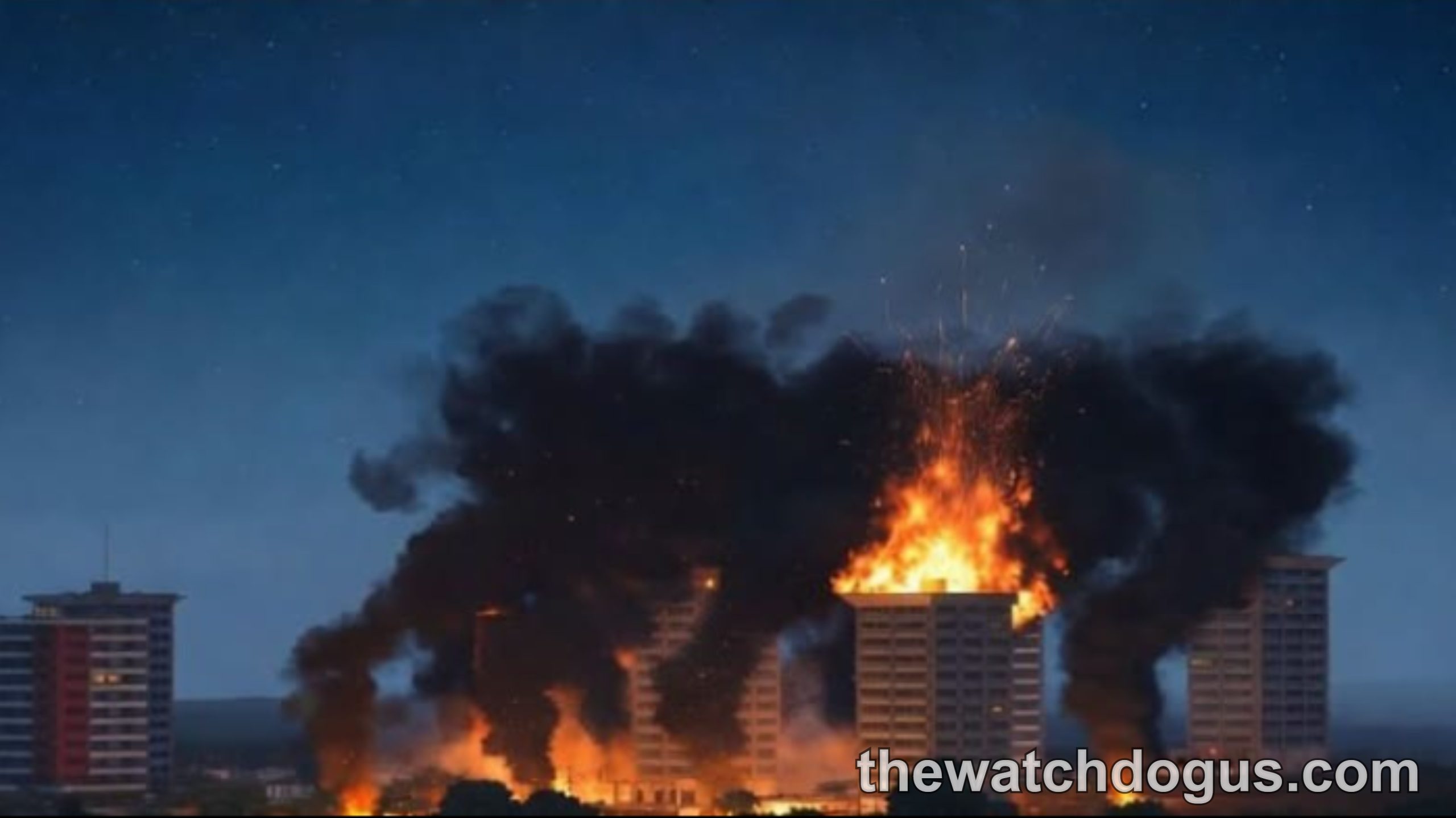 Arma 3 military simulation explosion scene with large fire and smoke over urban buildings at dusk