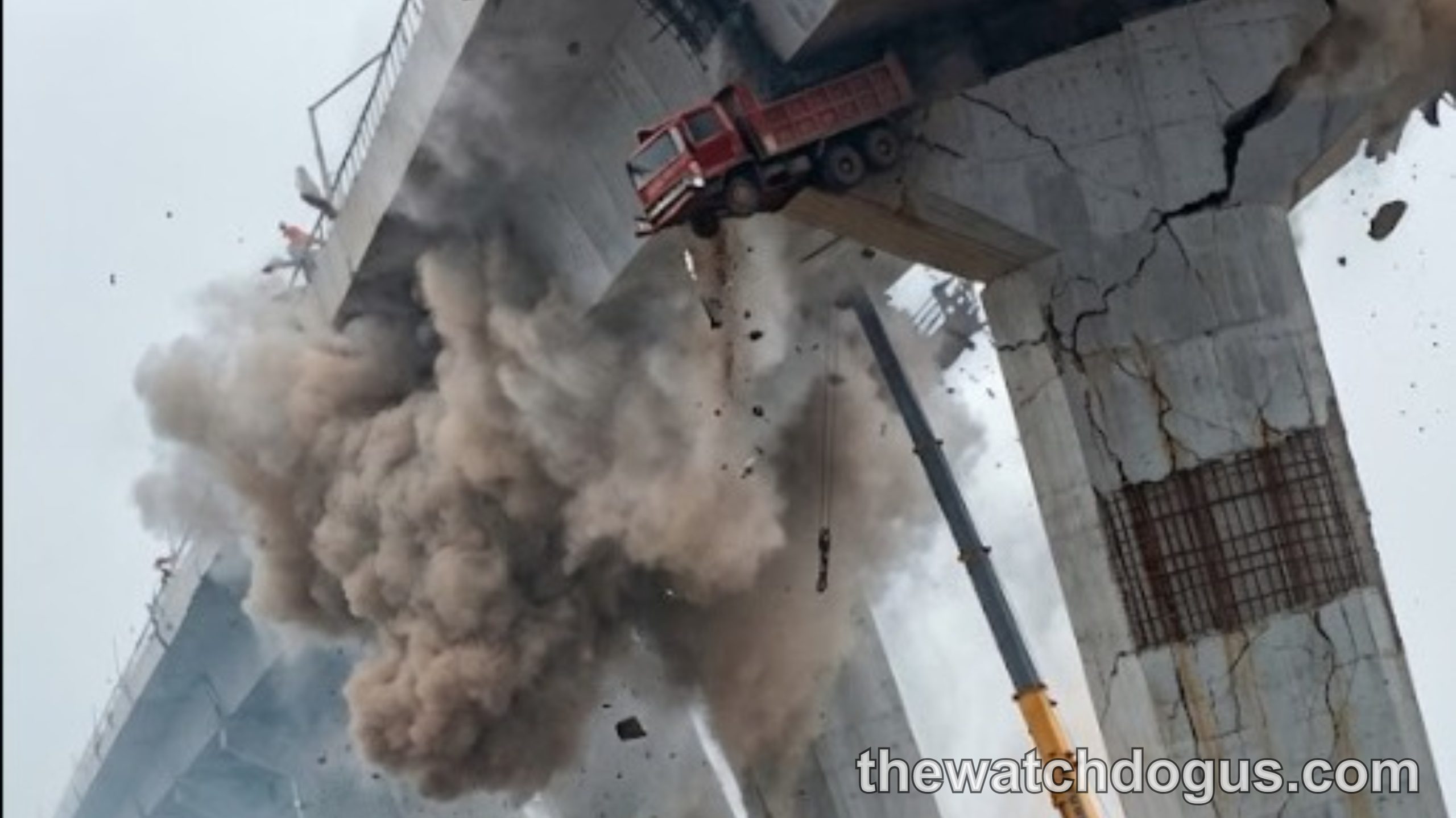 Massive concrete bridge structure collapses during Asia earthquake 7.7 with emergency response crews and dust cloud