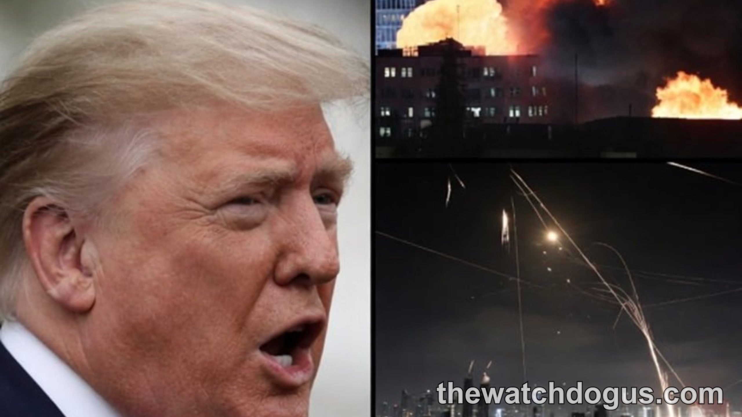 Political figure with Israel security alert imagery showing explosions and military defense systems