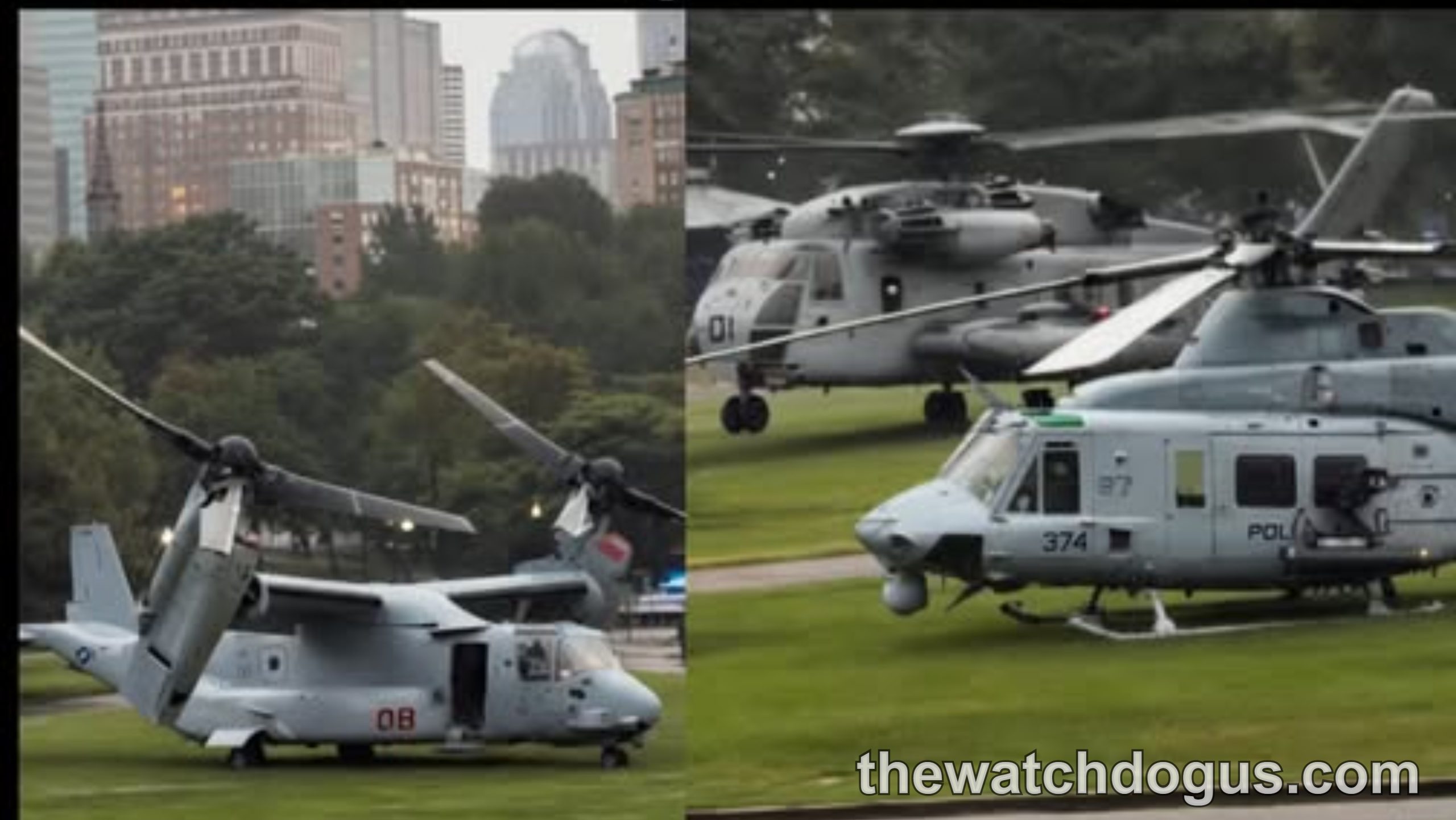 CH-53 Boston helicopter and military aircraft landing on grass field in urban setting