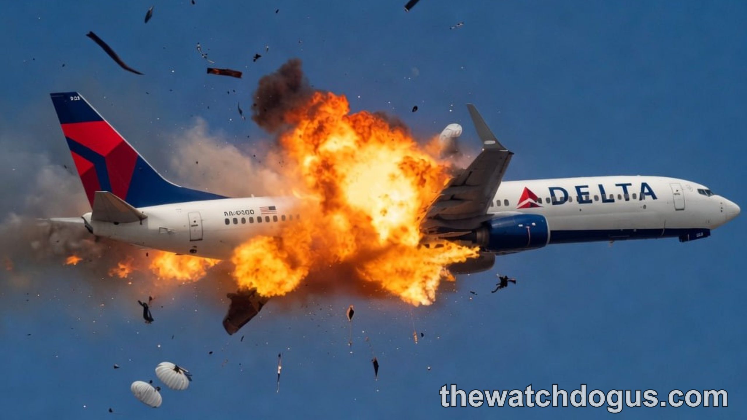 Dramatic plane crash disaster showing Delta Airlines aircraft explosion with debris and fire against blue sky