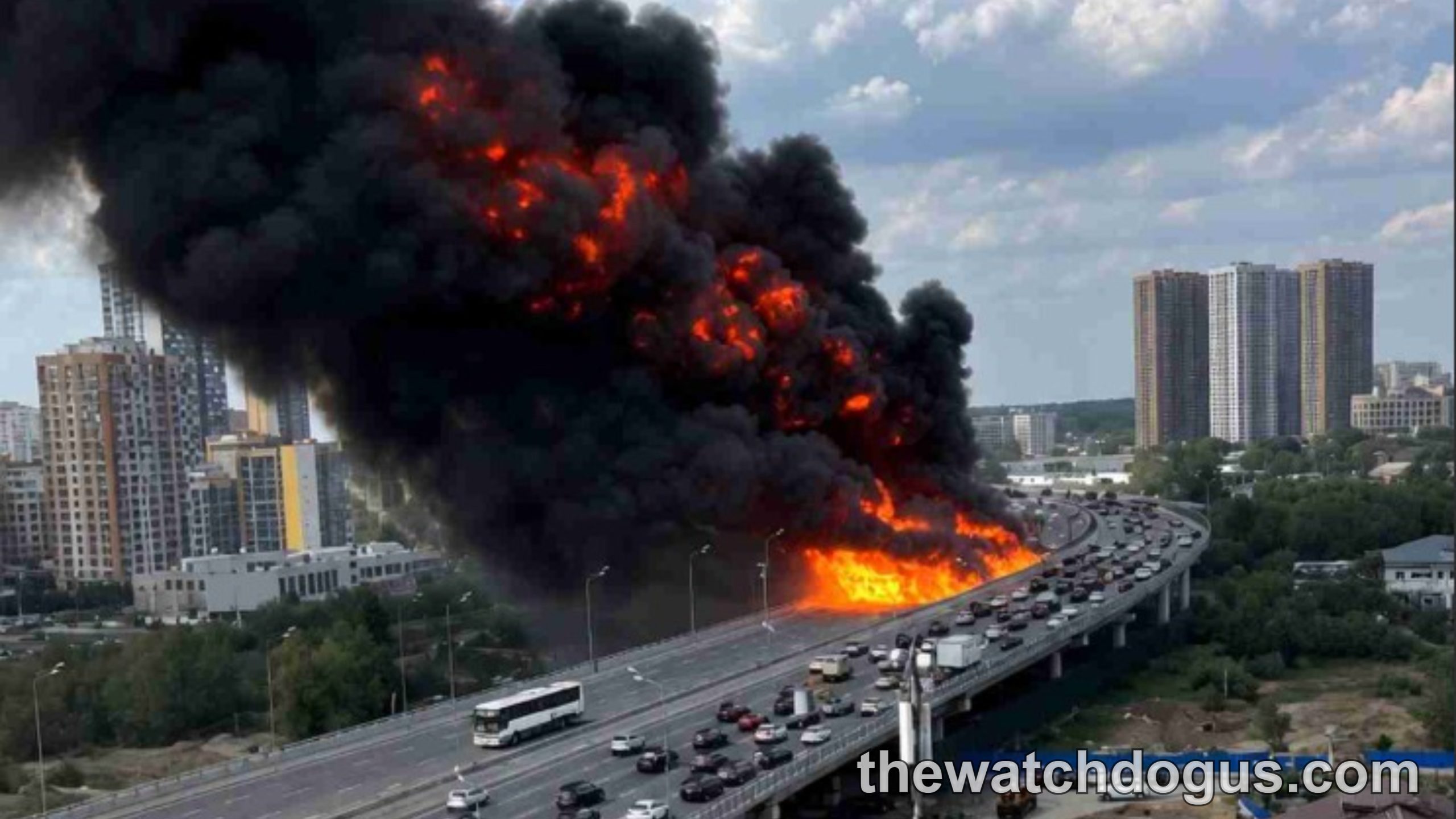 Massive fire with thick black smoke and orange flames erupting from Trikala factory on highway bridge with vehicles and buildings