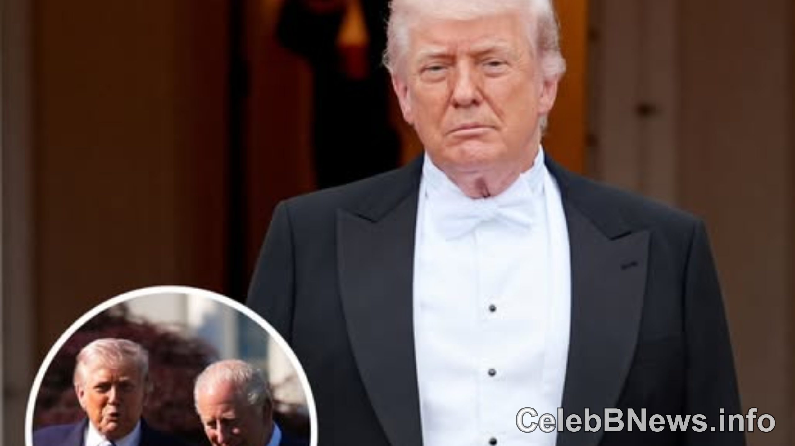 Trump in formal attire at State Dinner with inset photo showing Trump and King Charles interaction