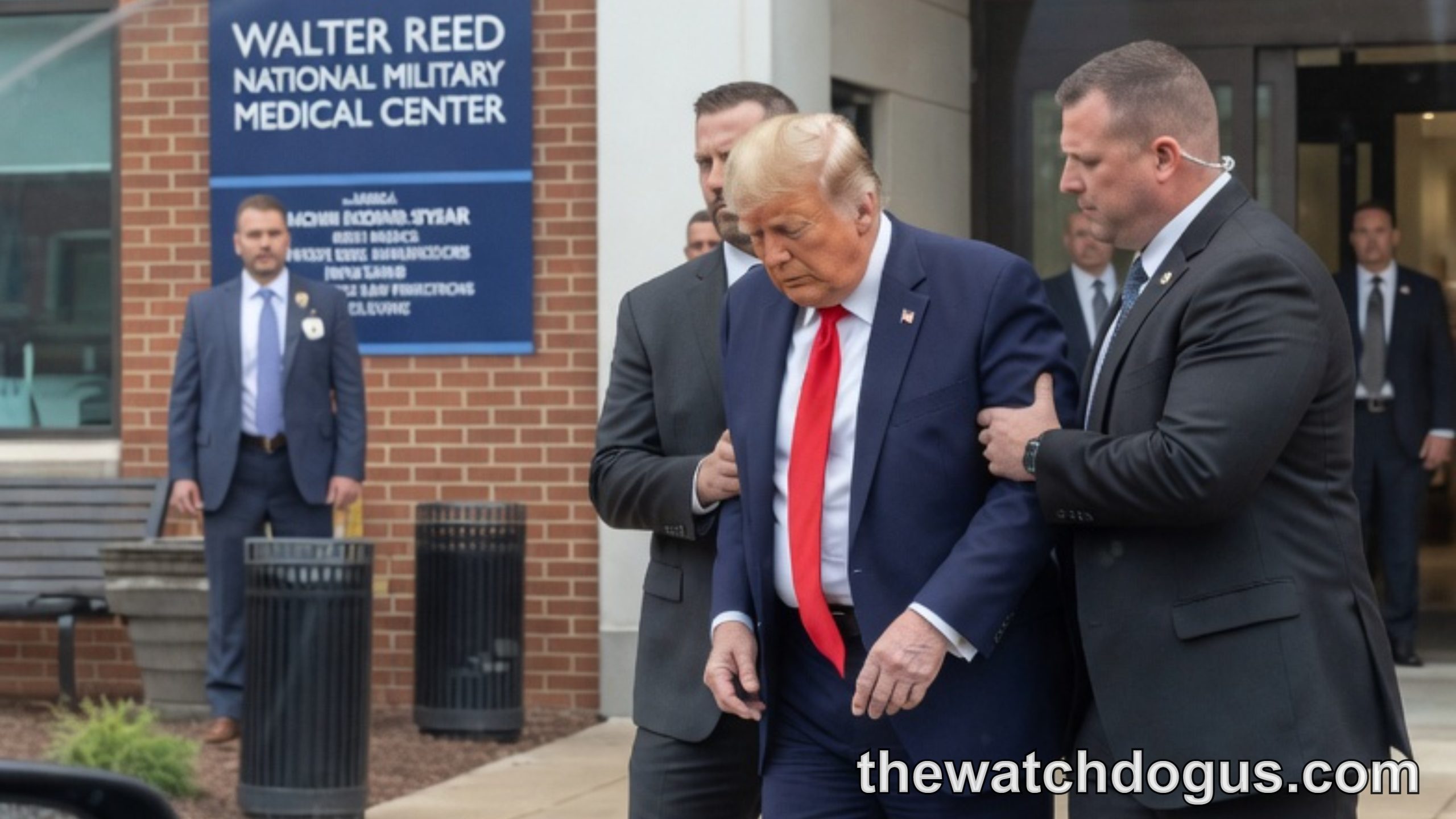 Official in dark suit with red tie at Walter Reed National Military Medical Center entrance with security detail