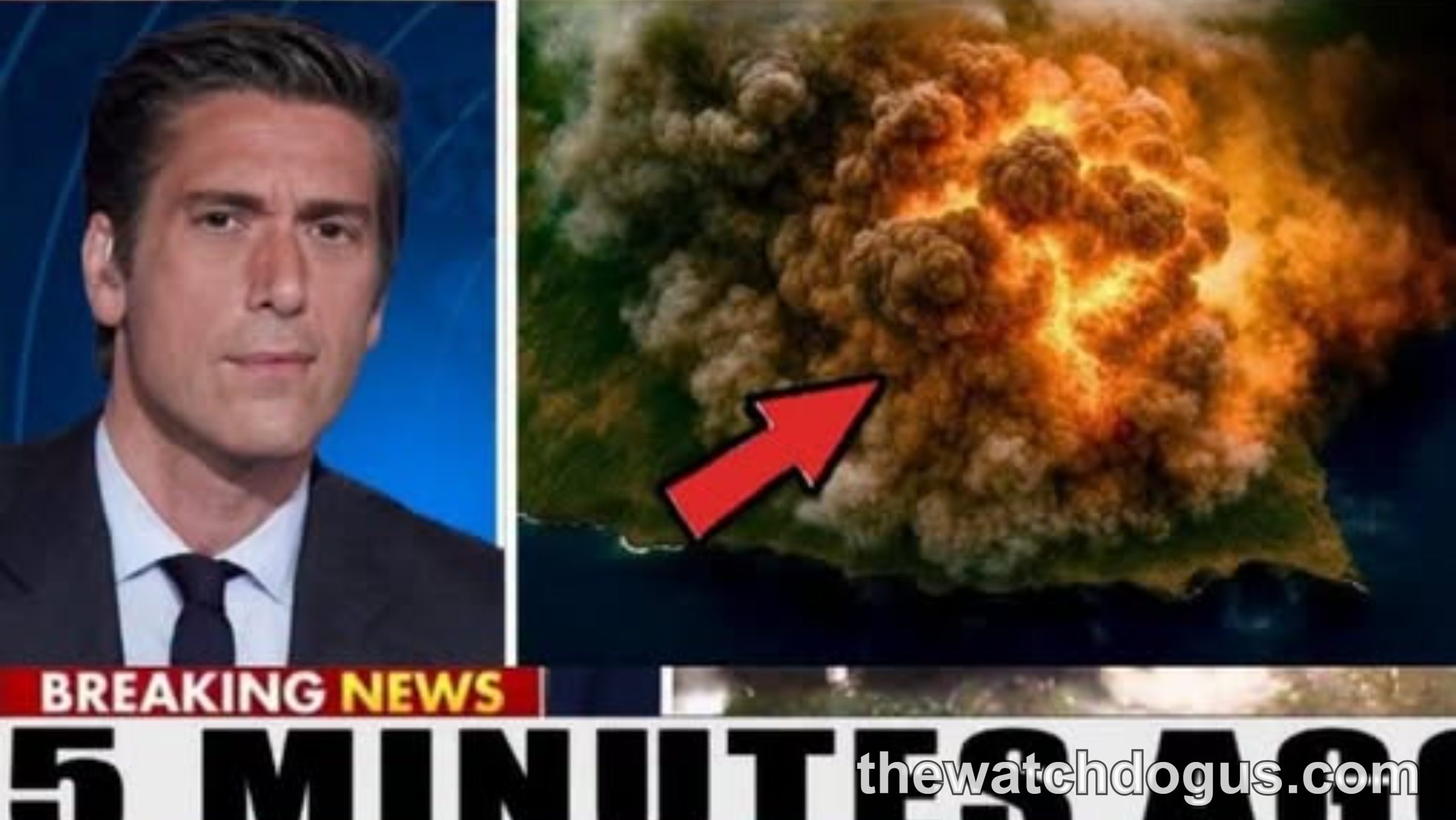 Breaking news broadcast showing USA tragedy aftermath with large explosion and fire, reporter delivering urgent updates