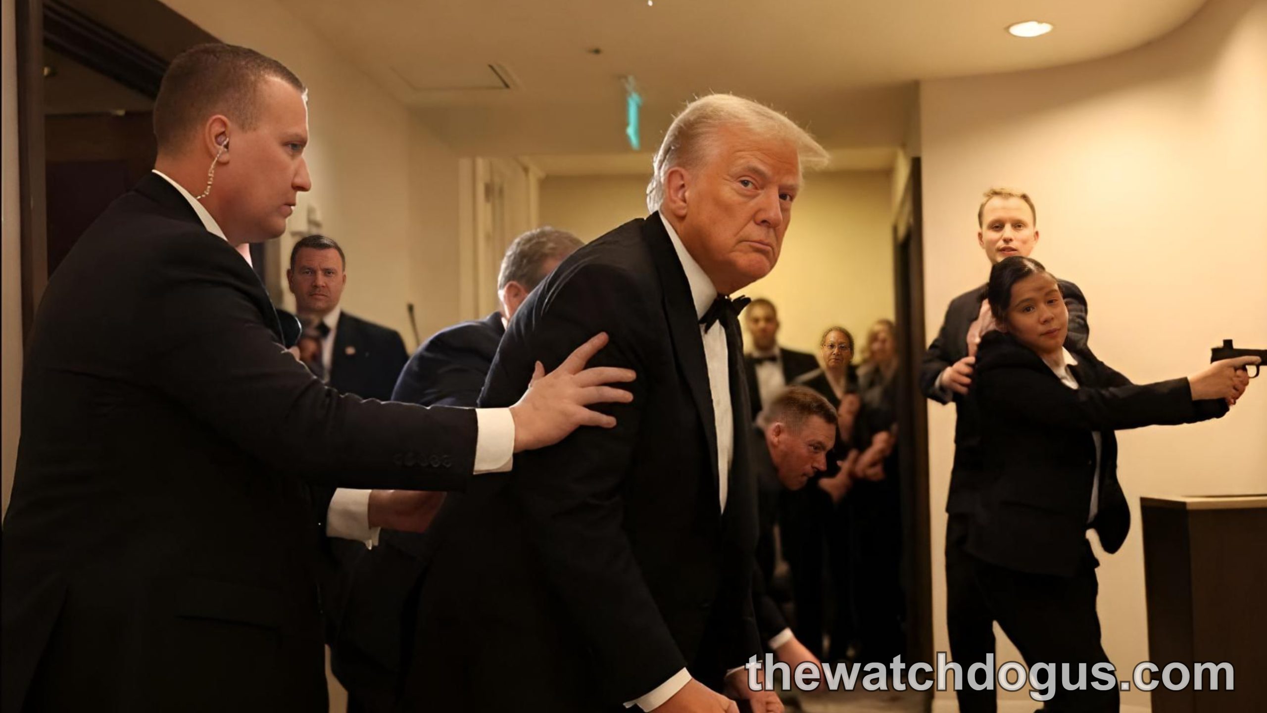Security personnel respond during White House shooting security incident with officials in formal attire