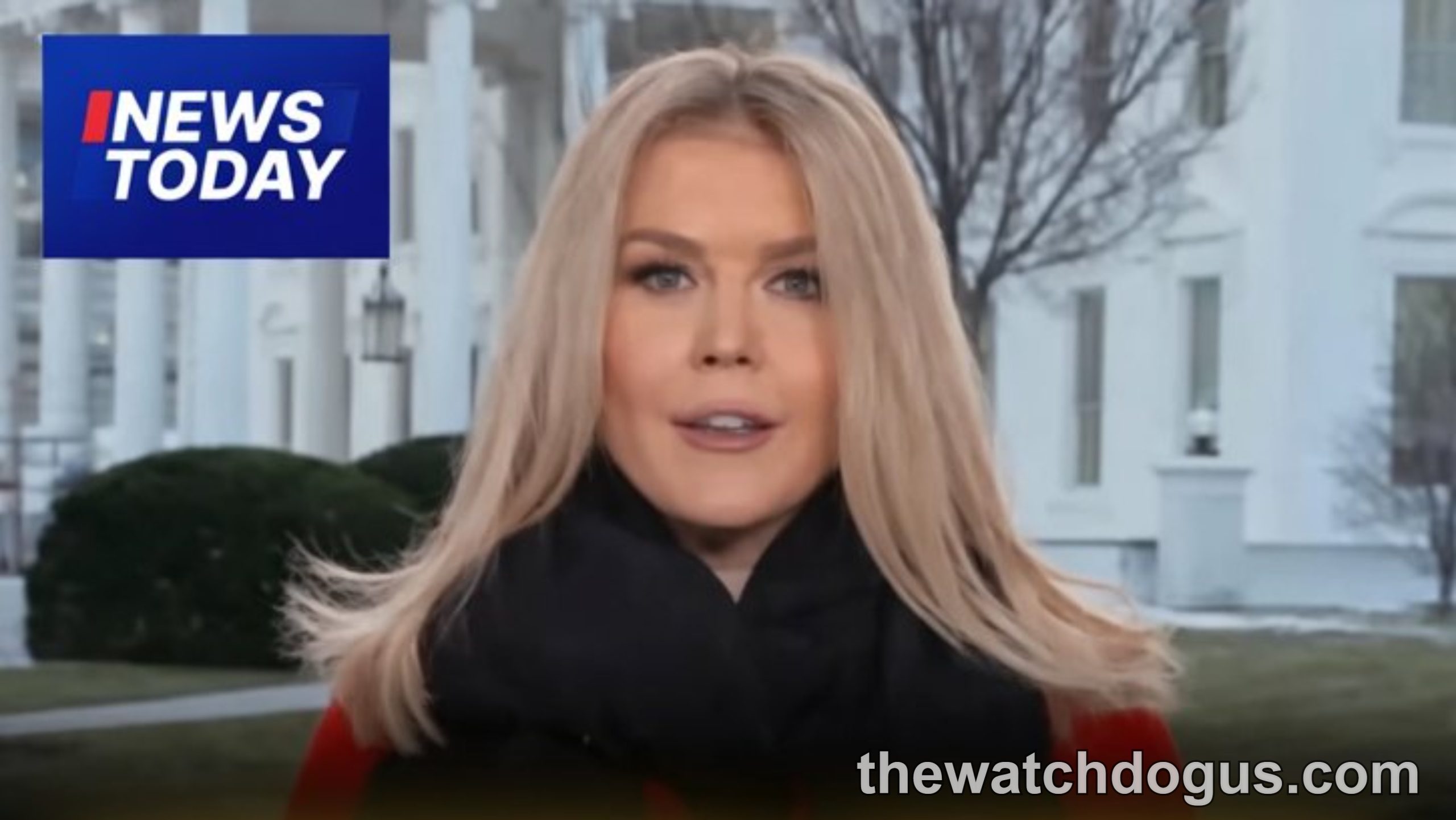 News broadcast reporting on federal worker buyout announcement made by Trump's press secretary outside White House