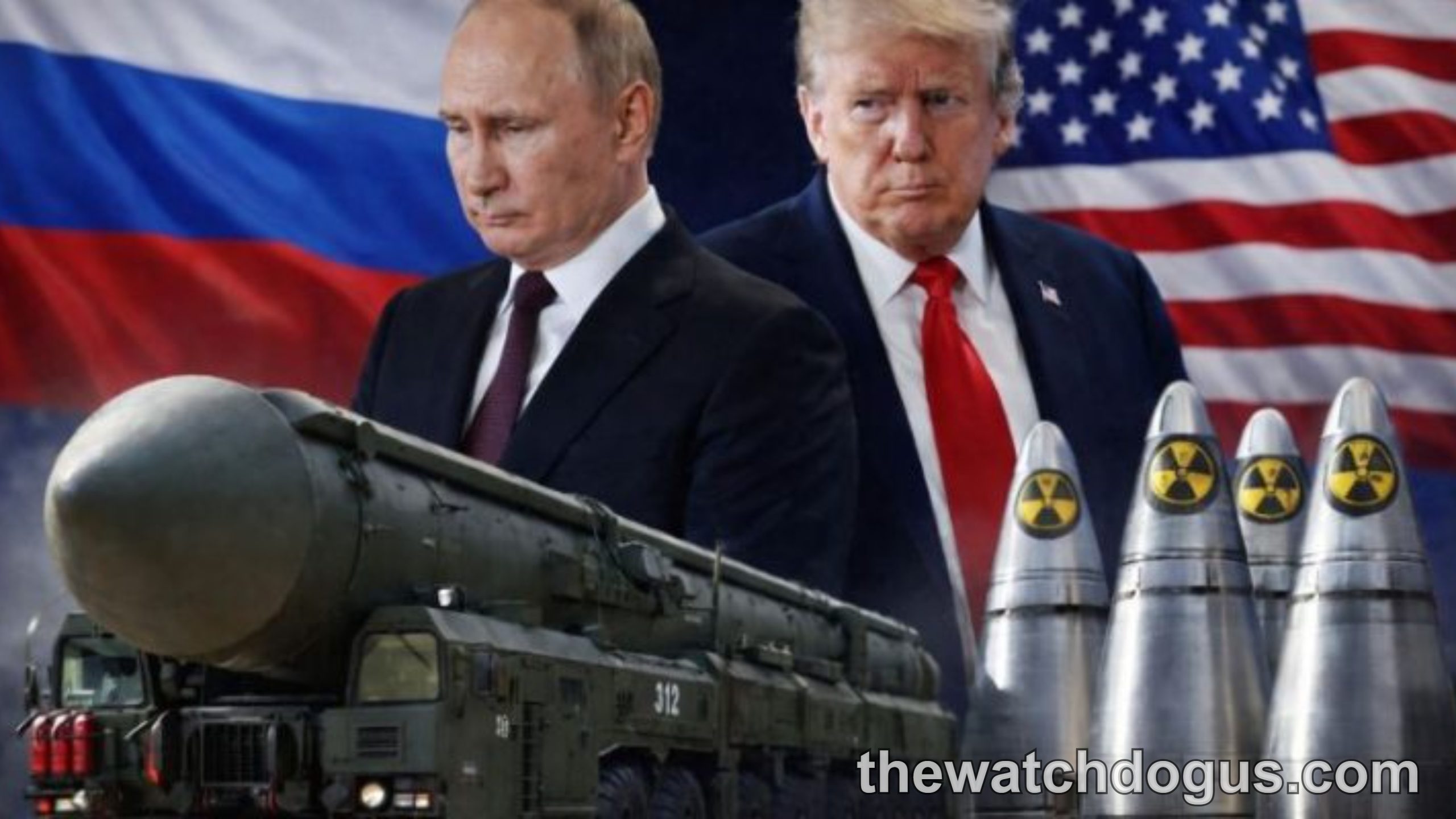 Putin and Trump with Russian and American flags, nuclear missile and warheads depicting military coalition tensions between superpowers