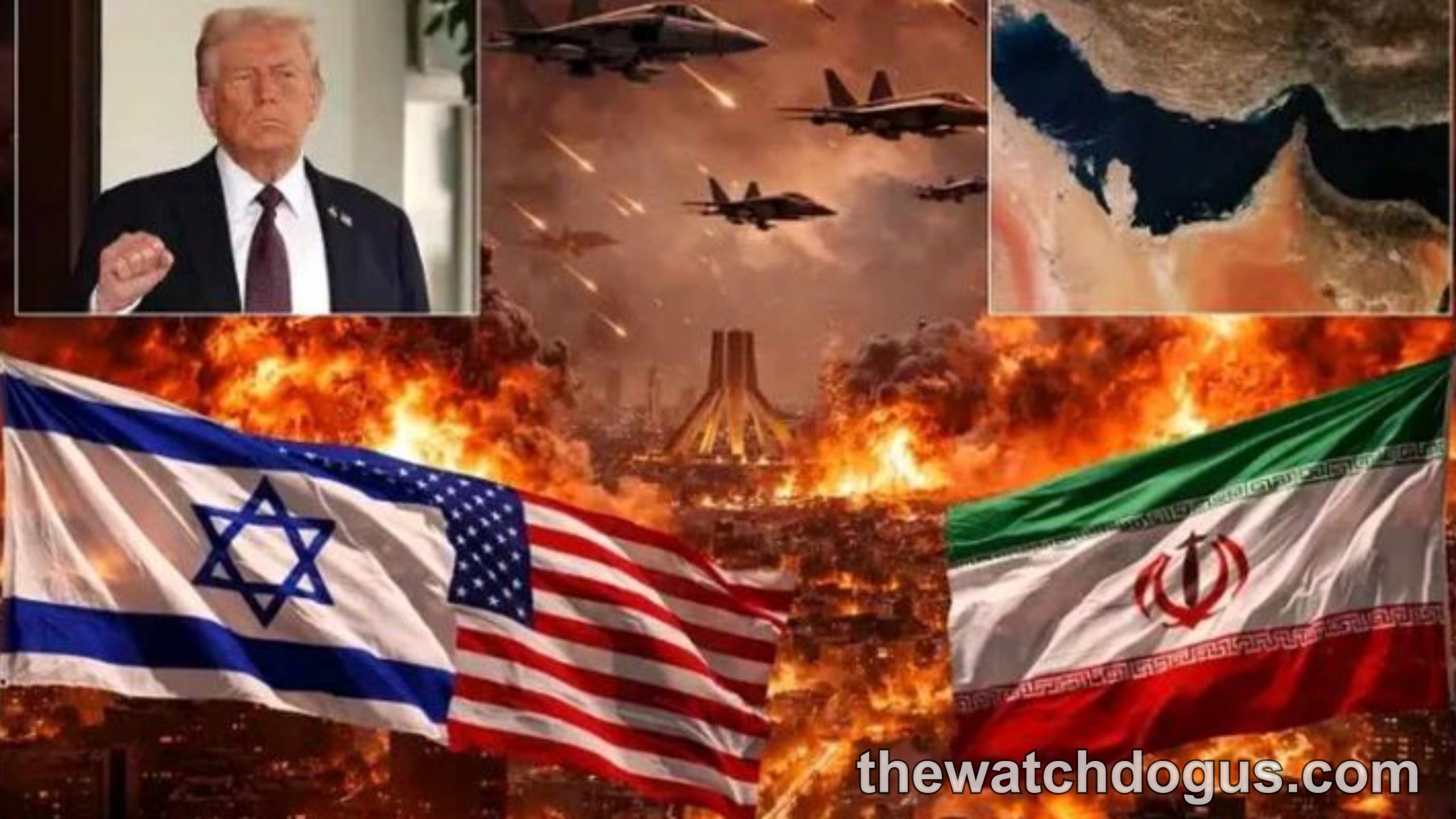Geopolitical tension illustration showing US and Israeli flags versus Iranian flag with military aircraft and Strait of Hormuz map