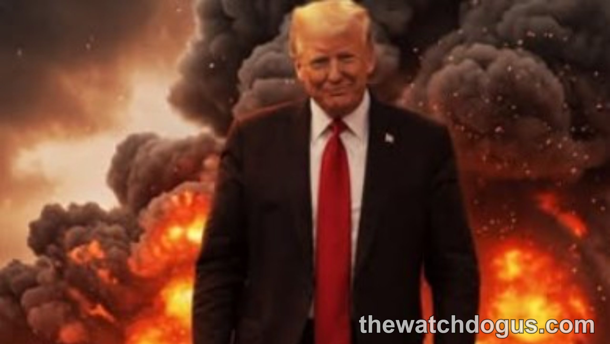 Political figure in formal suit standing before dramatic explosions and fire, symbolizing Middle East Iran tensions and conflict