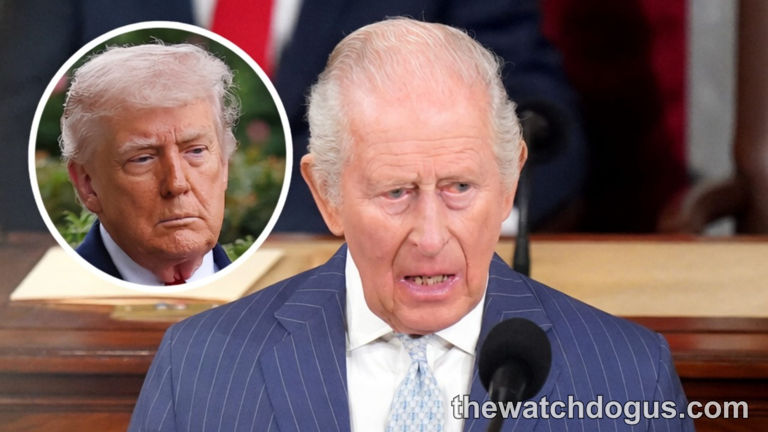 King Charles III delivering Congress speech at podium with inset image of Donald Trump