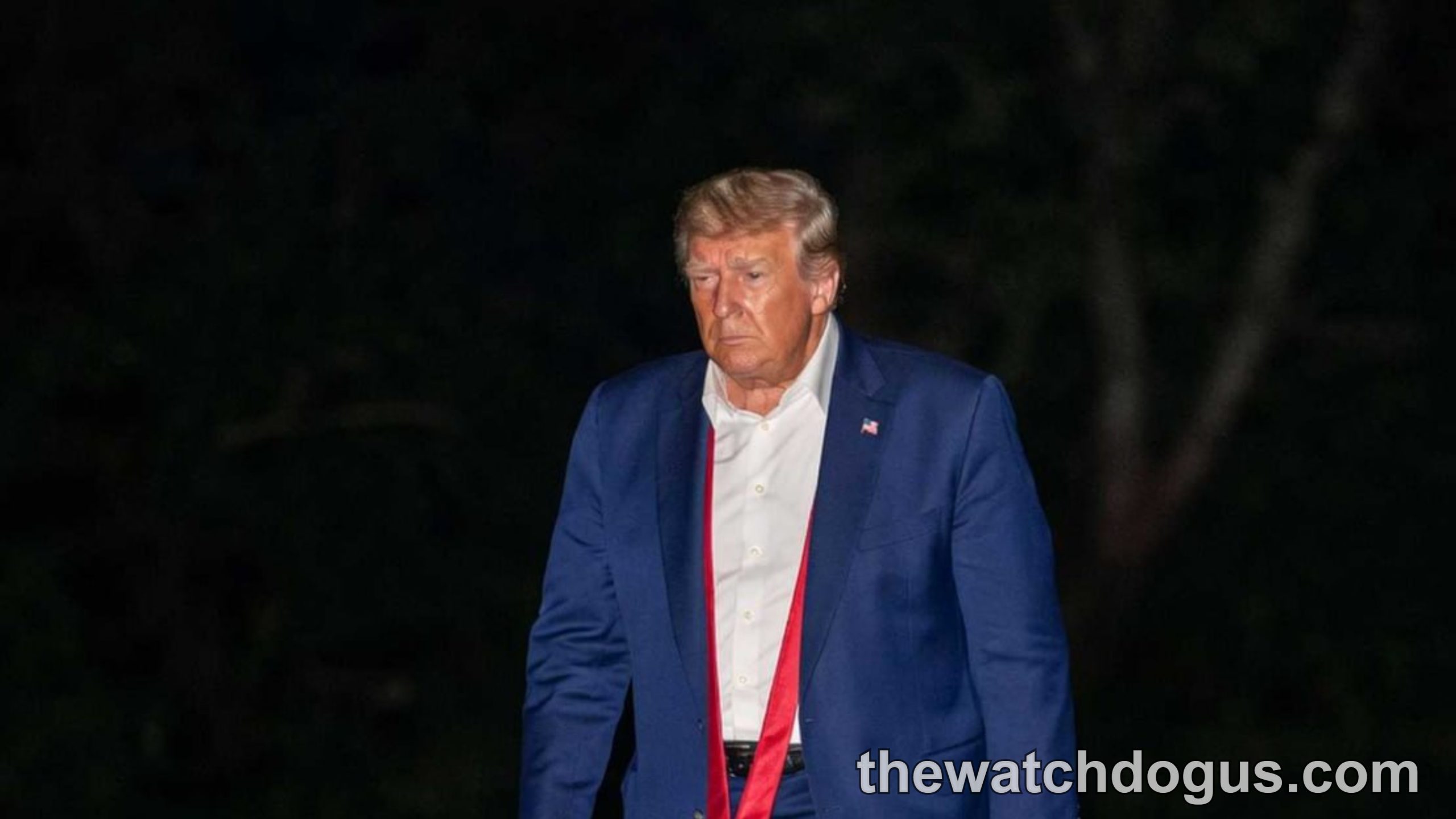 Man in navy suit with red tie walking on grass at night, Trump sighting speculation