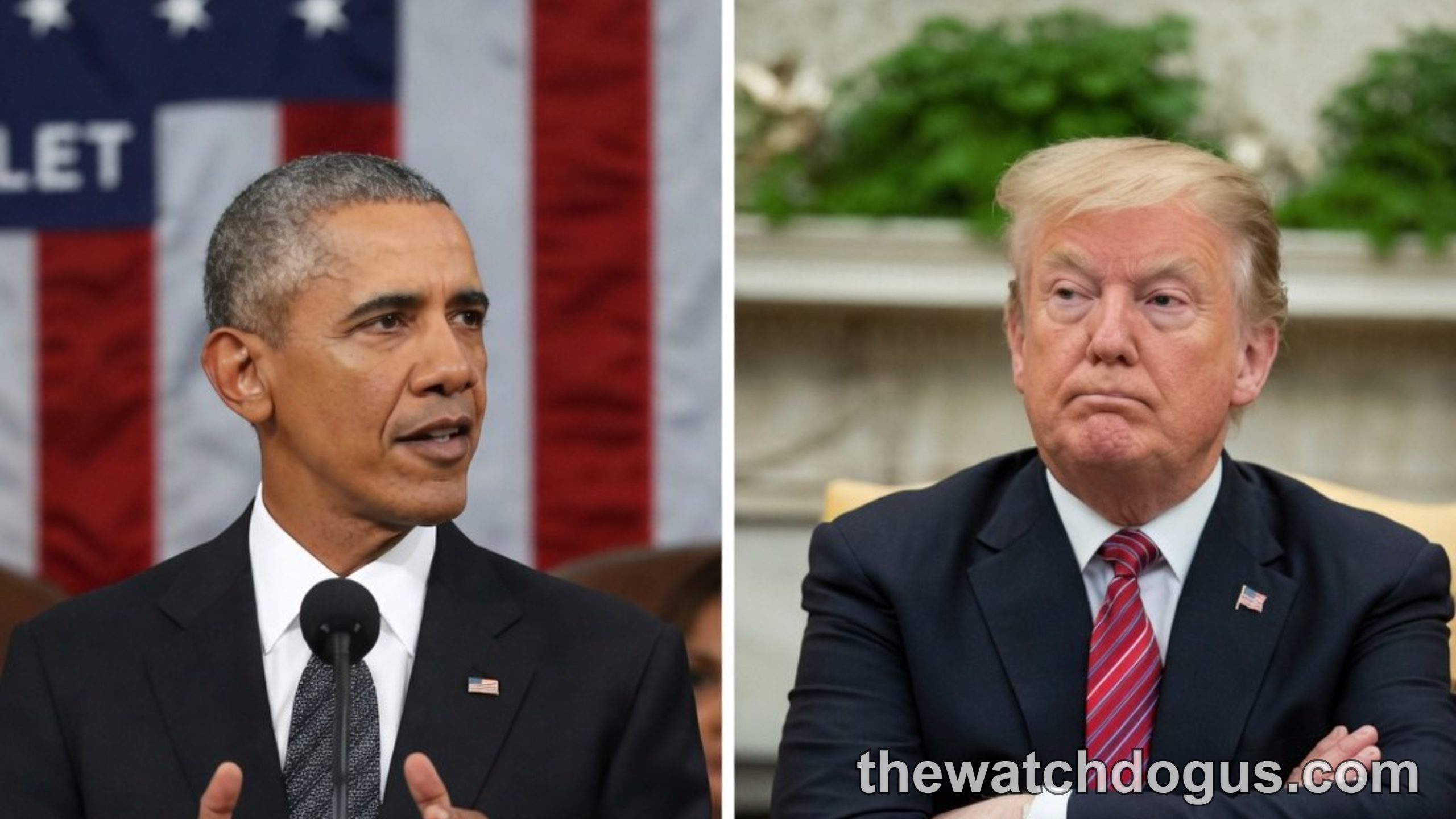 Trump Obama discussion comparison showing two U.S. presidents in formal settings with American flag backdrop