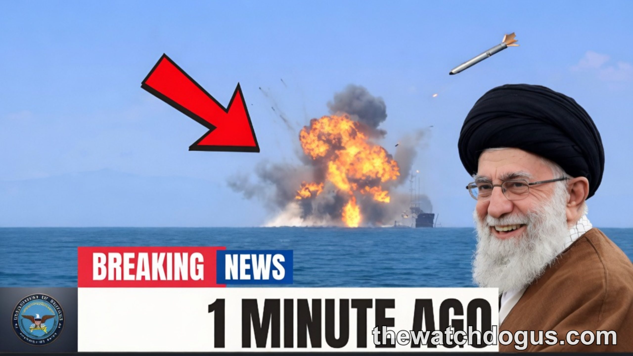 Breaking news graphic showing Iran missile attack on carrier with explosions at sea and military official