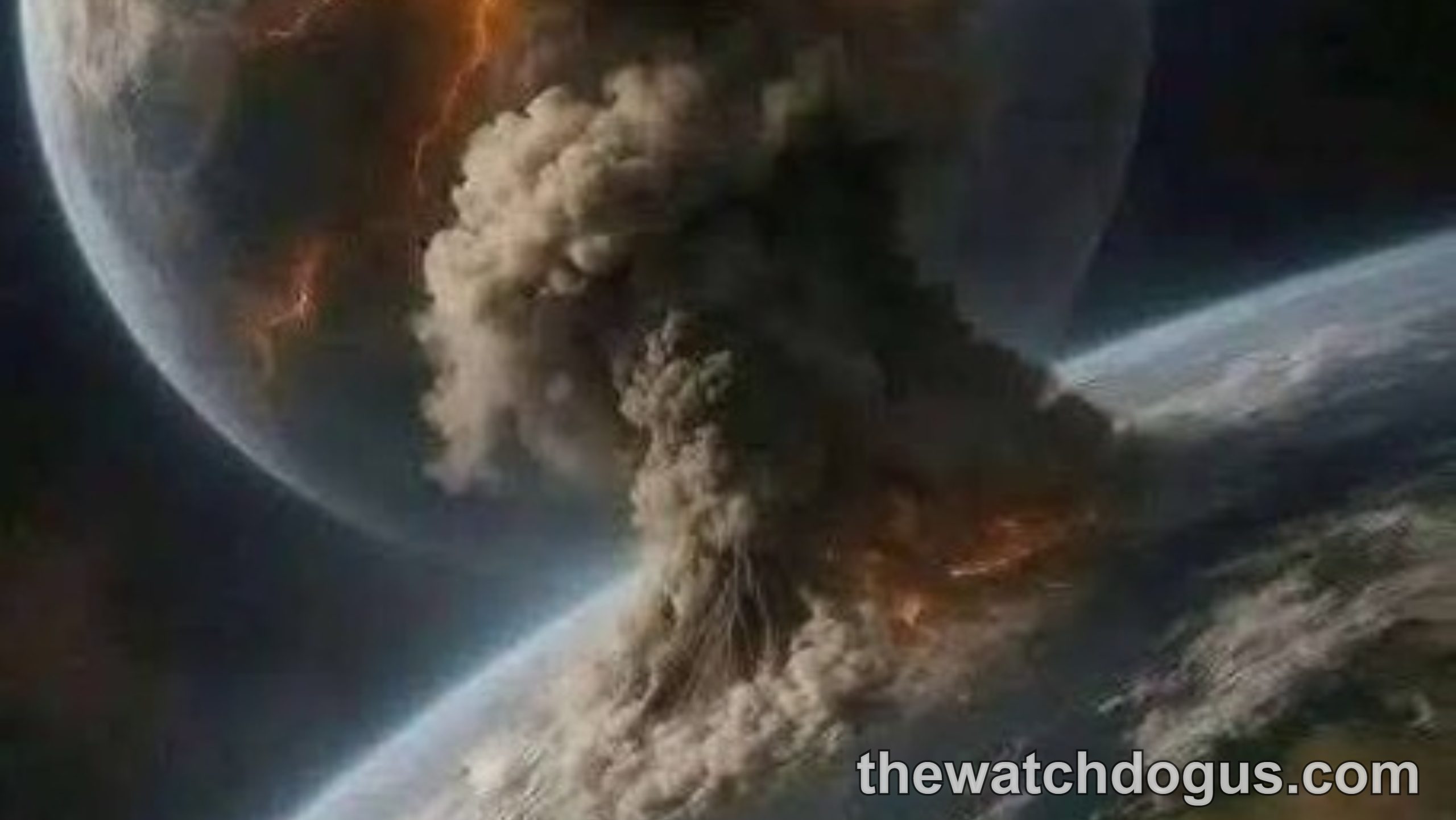 Artistic rendering of asteroid 52768 1998 OR2 approaching Earth with dramatic volcanic eruptions and lightning effects