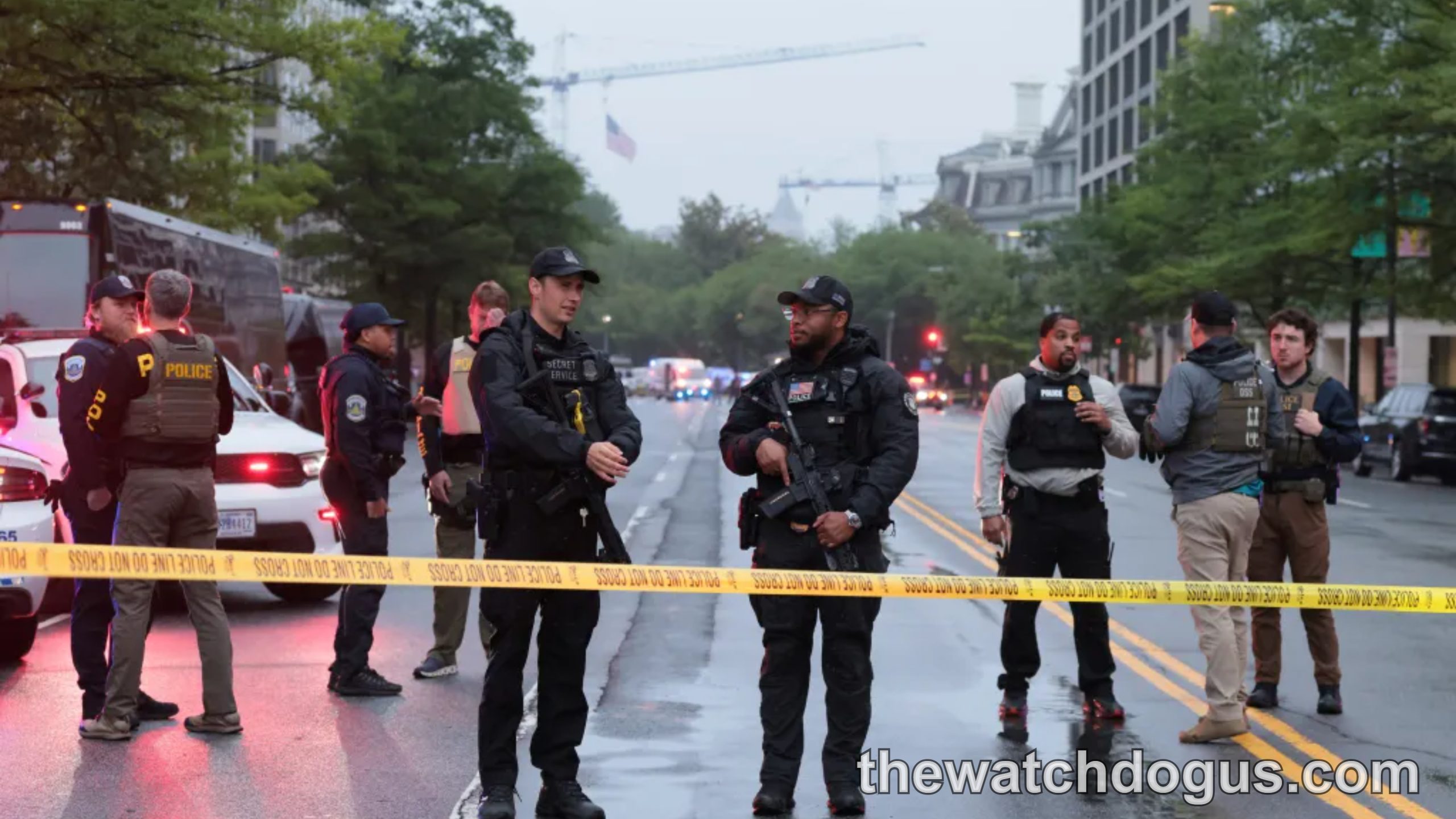 Law enforcement officers secure area near White House shooting incident with crime scene tape