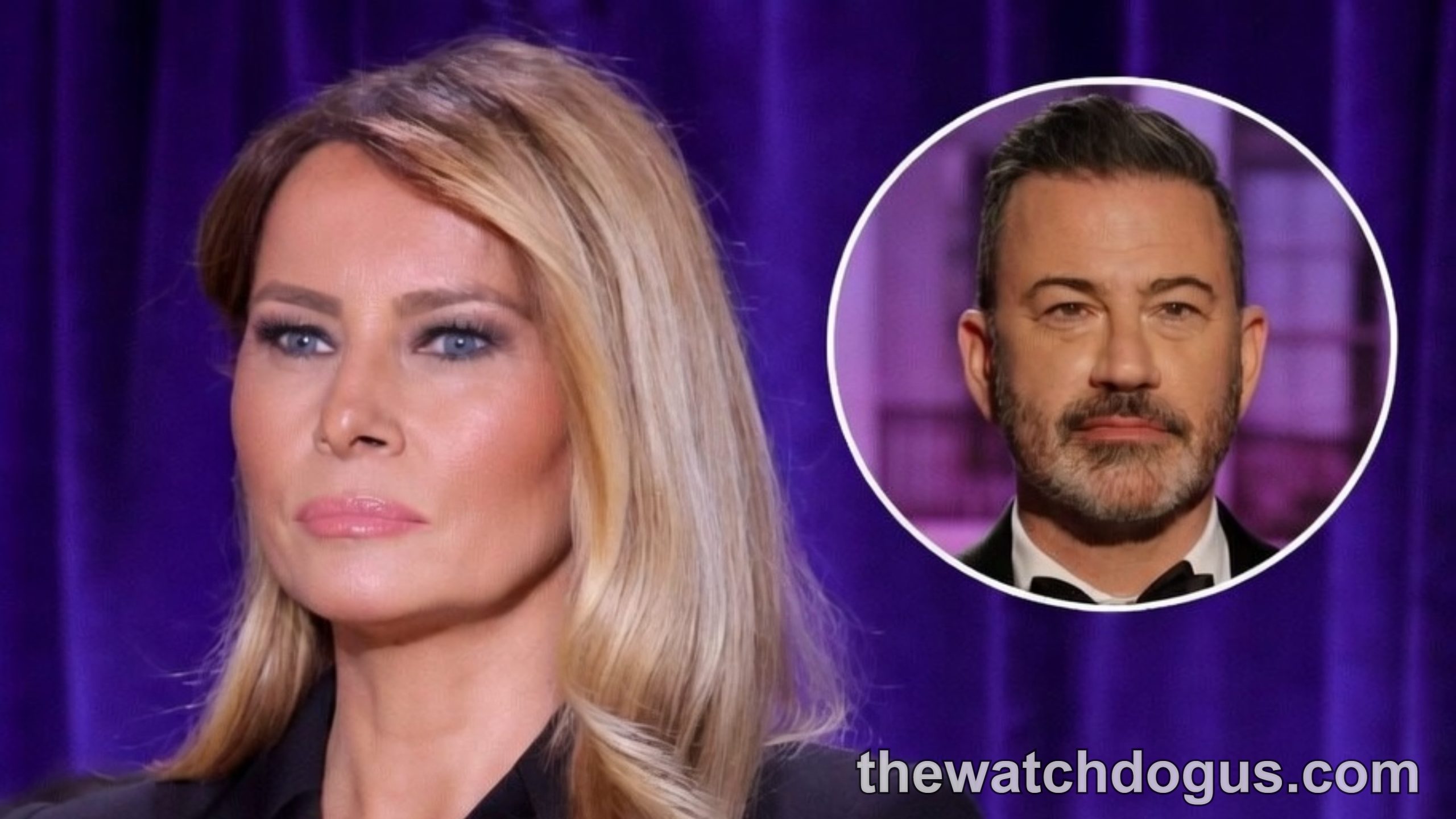 Woman in black blazer with inset photo of man, text about Melania Trump Jimmy Kimmel joke controversy