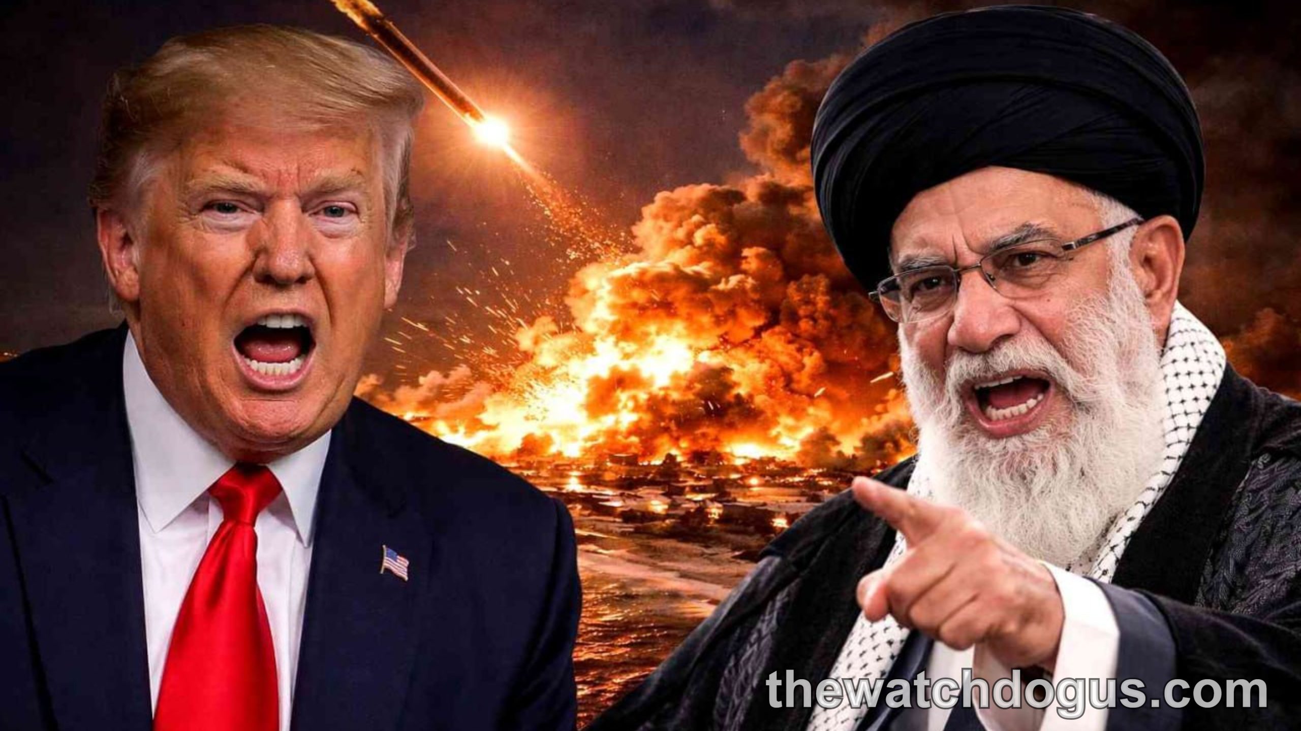 Political figures depicted with Iran missile attack carrier imagery and explosions in background