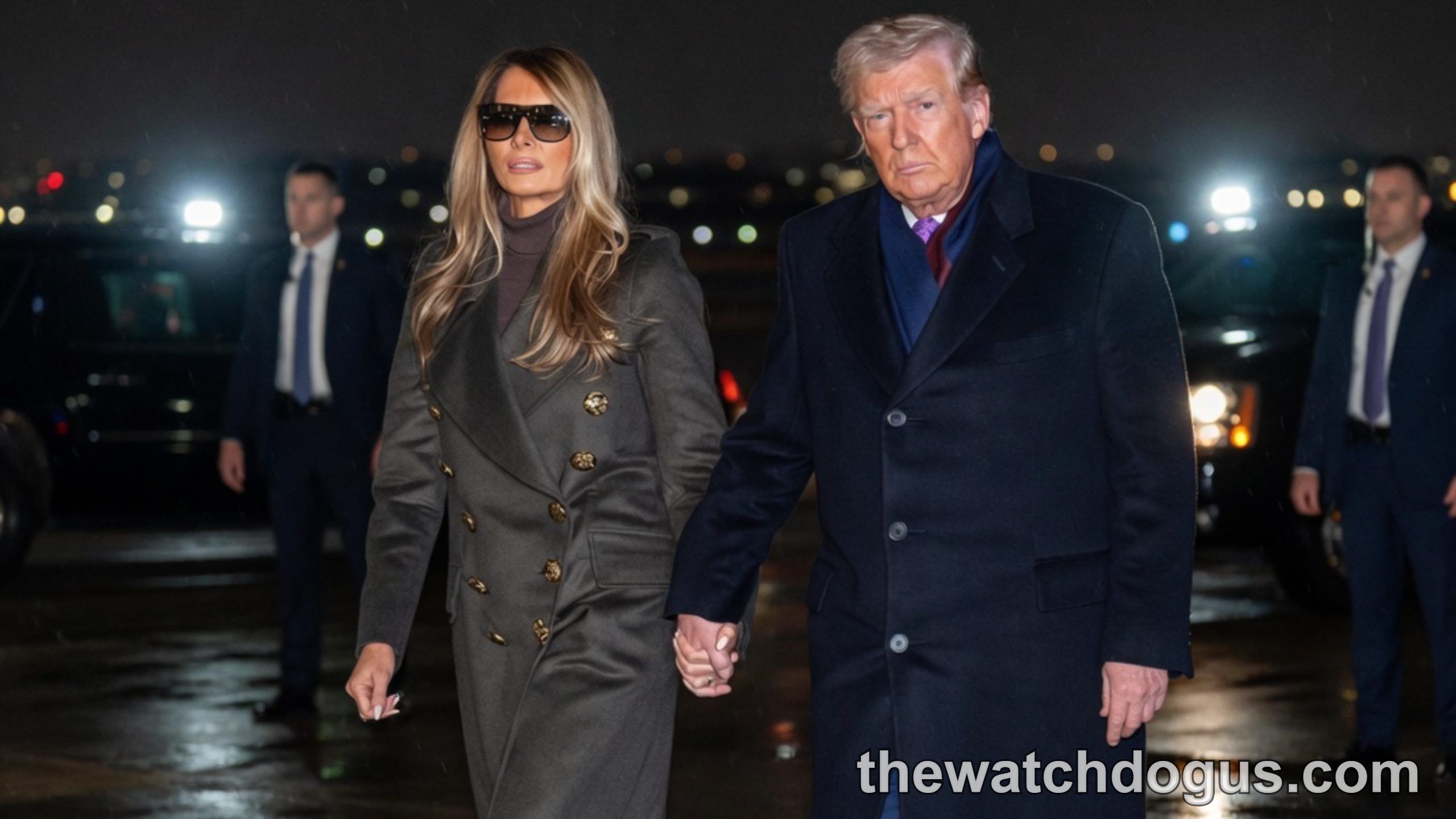 Two figures walk across wet tarmac at night surrounded by security and suited officials in Washington political controversy
