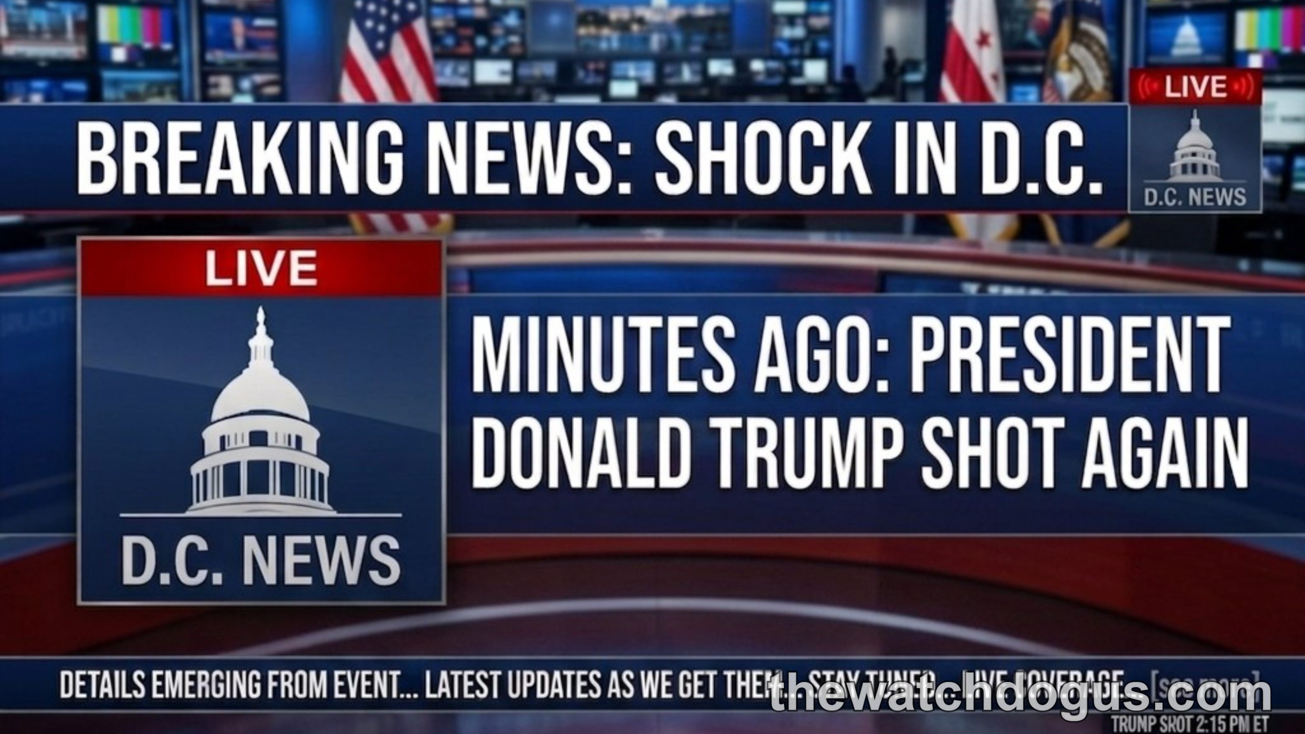 Fake news broadcast screen showing misinformation about Trump shot incident with D.C. Capitol building graphics and breaking news alert
