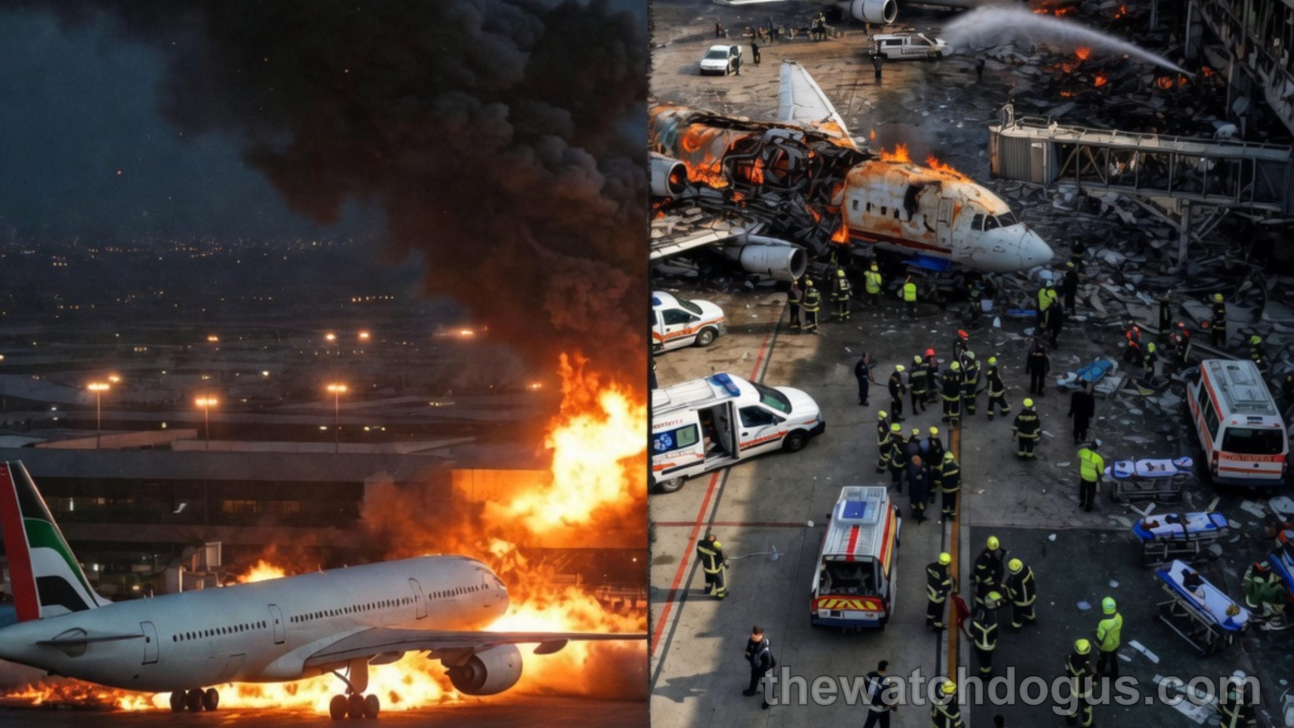 Collage showing missile strike and airport damage from Iran ballistic missiles Israel conflict with burning aircraft and emergency response