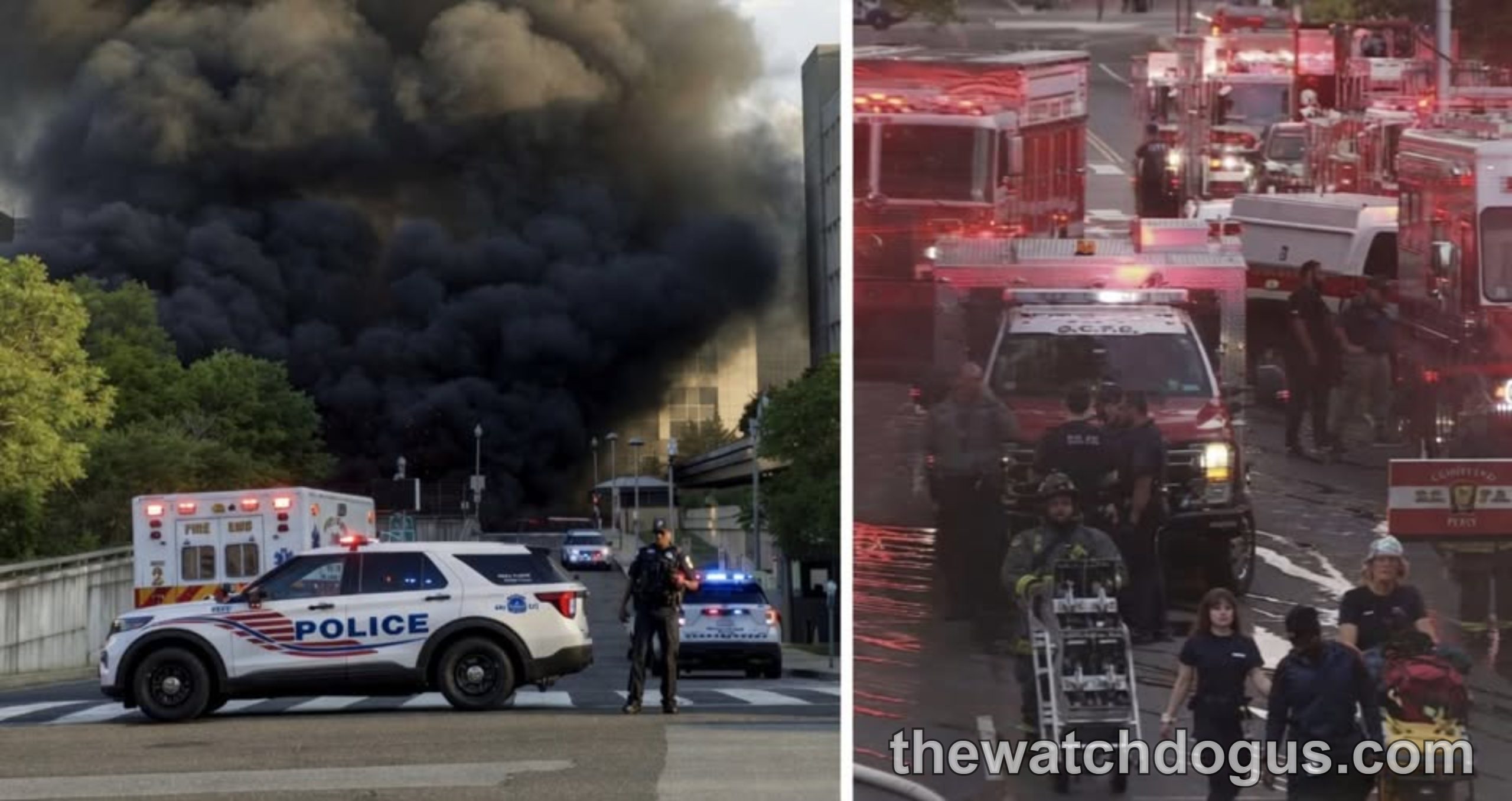 Emergency response to bus crash near Pentagon with police vehicles and fire department at scene