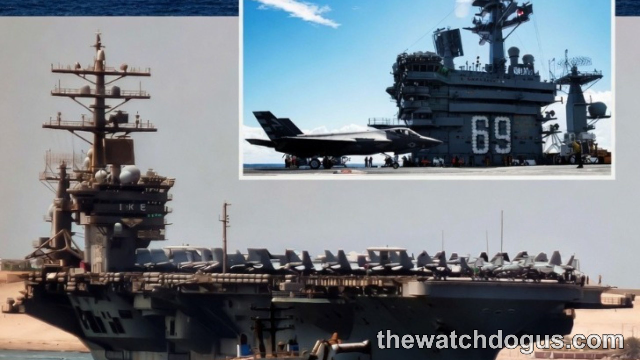 U.S. Navy aircraft carrier with F-35 fighter jets deployed on flight deck during Russian aircraft carrier strike operations