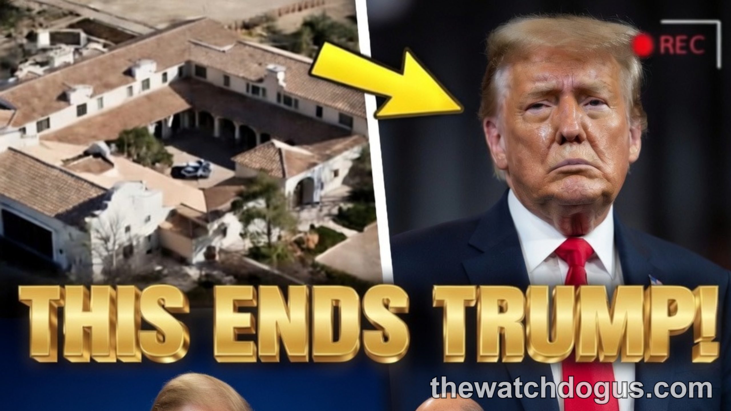 Aerial view of property with inset of political figure and Epstein Ranch investigation related imagery