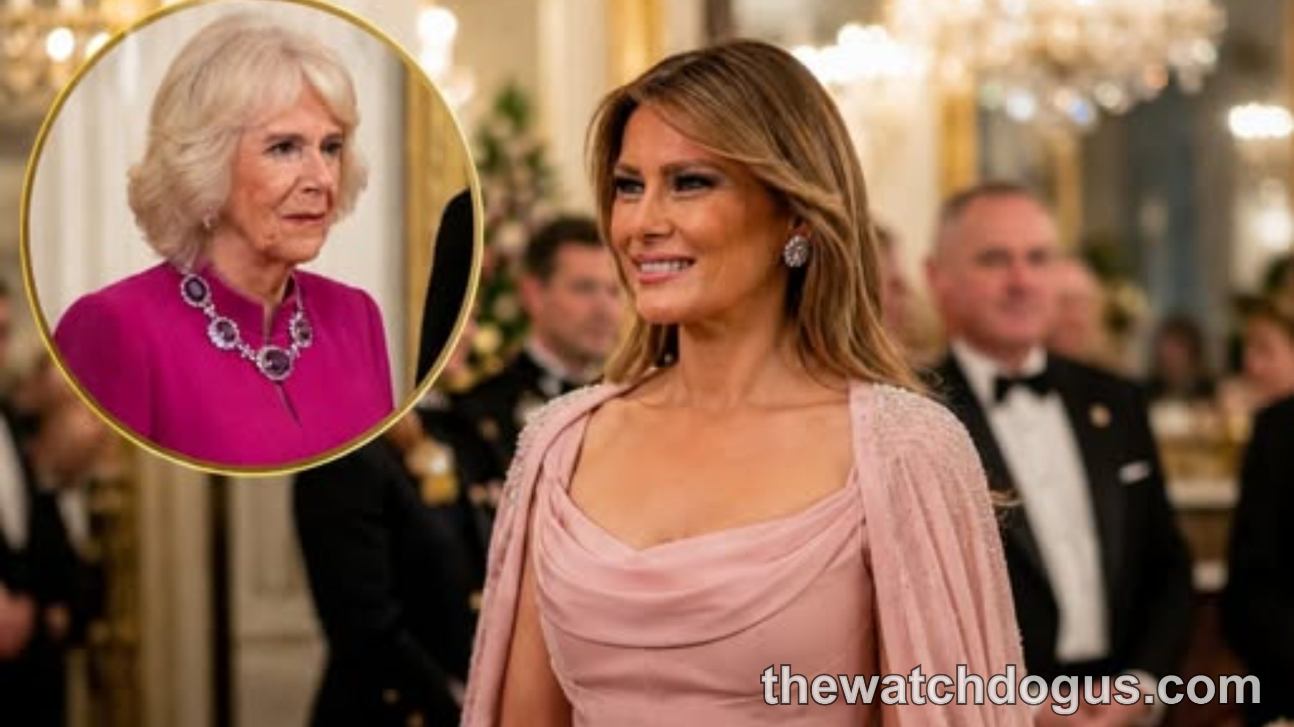 Melania Trump in pink gown at state dinner with inset of Queen Camilla in magenta dress