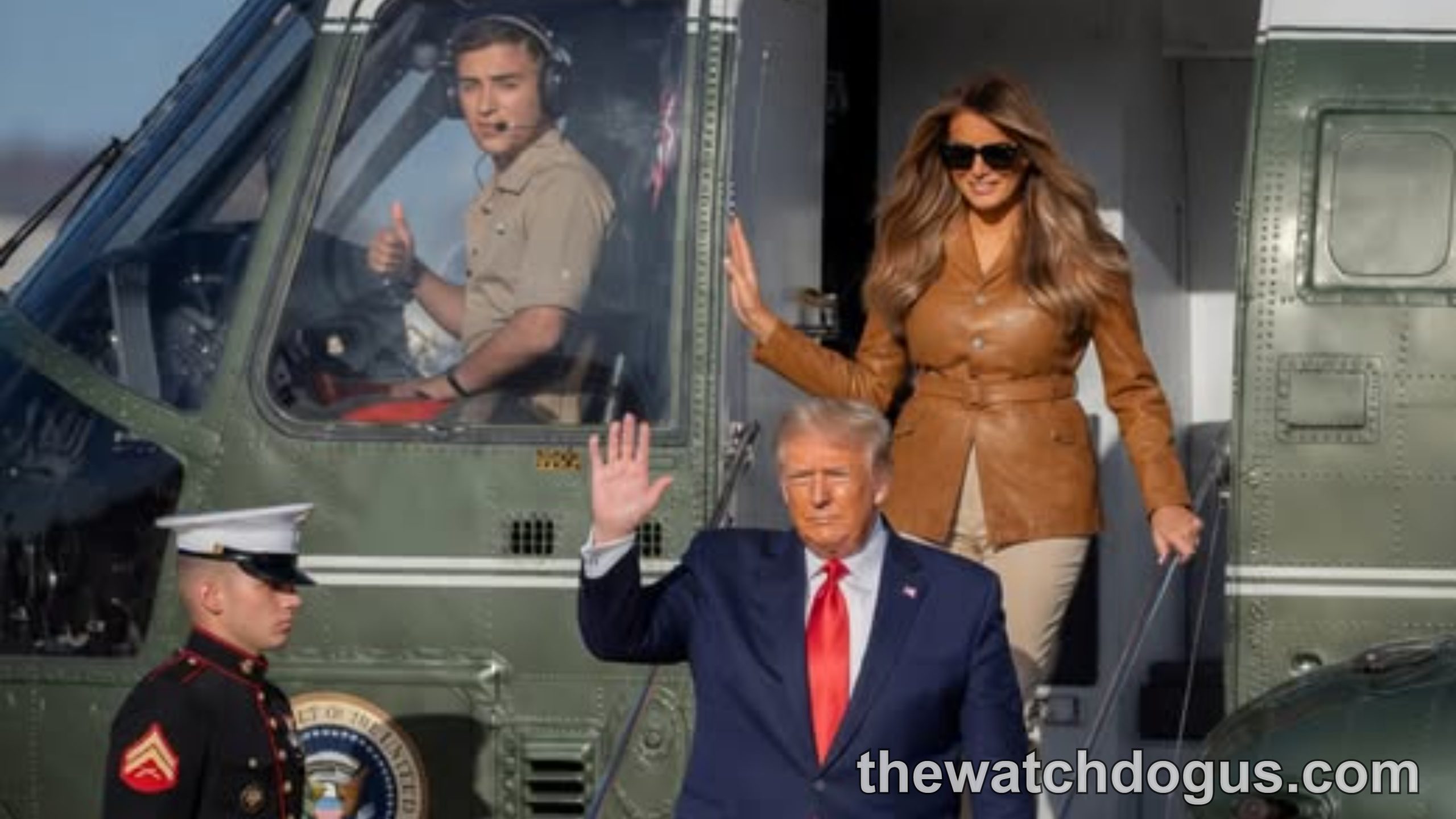 Official disembarking from Marine One helicopter with military personnel and security detail present