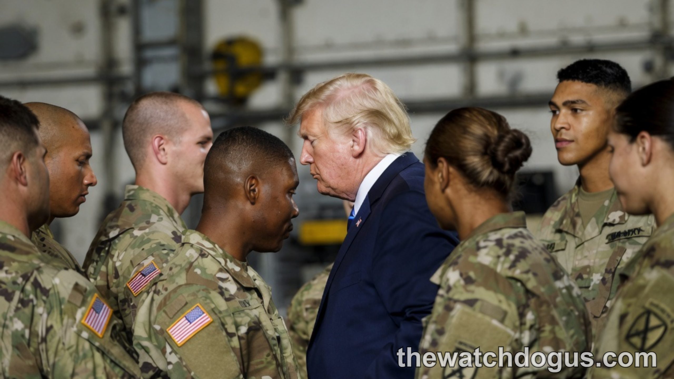 Official in dark suit greeting military personnel in camouflage uniforms during military walkout claim visit
