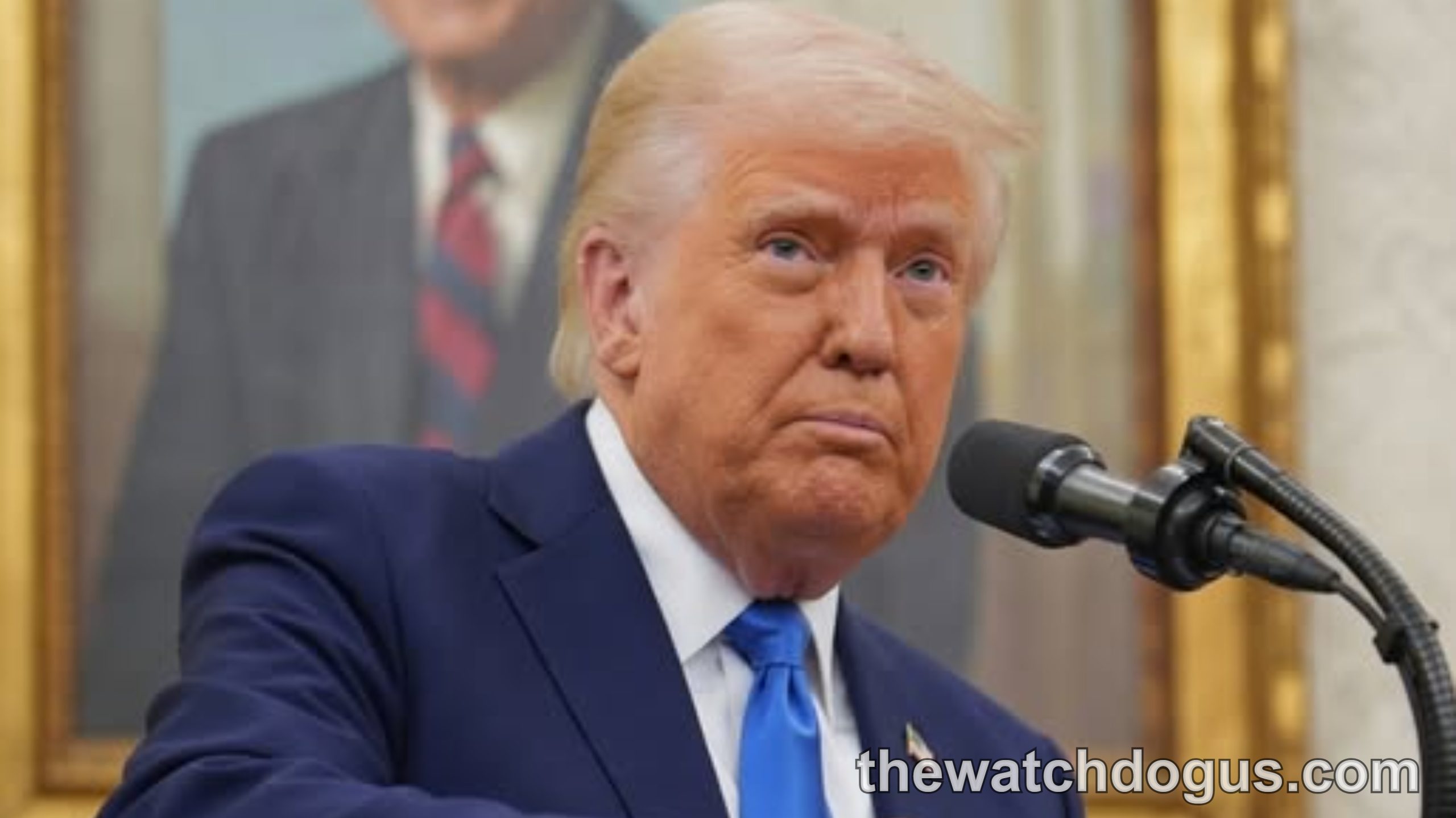 Trump at podium speaking about press freedom during live camera address