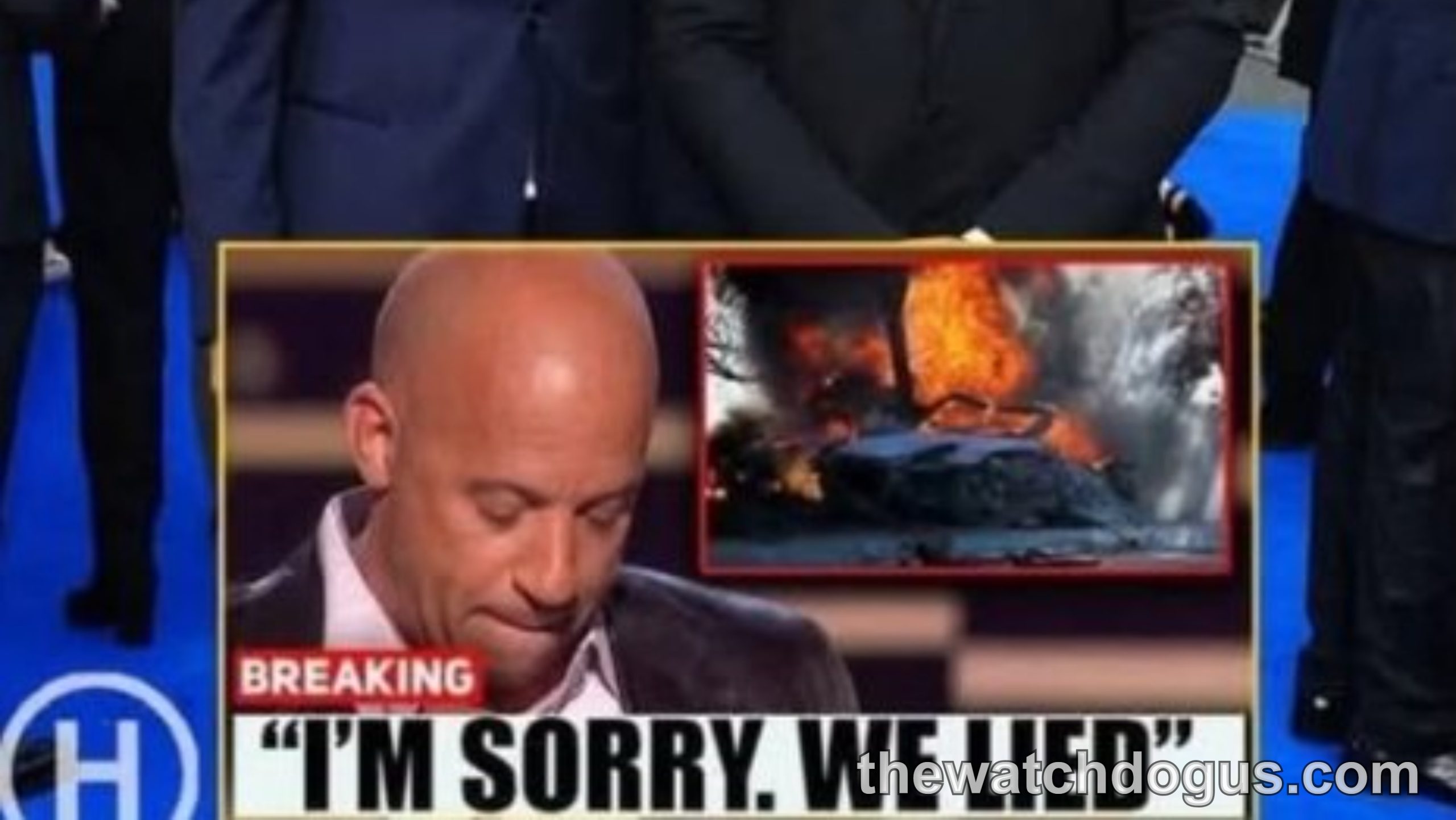 Vin Diesel and Paul Walker at premiere event with breaking news graphic about apology statement