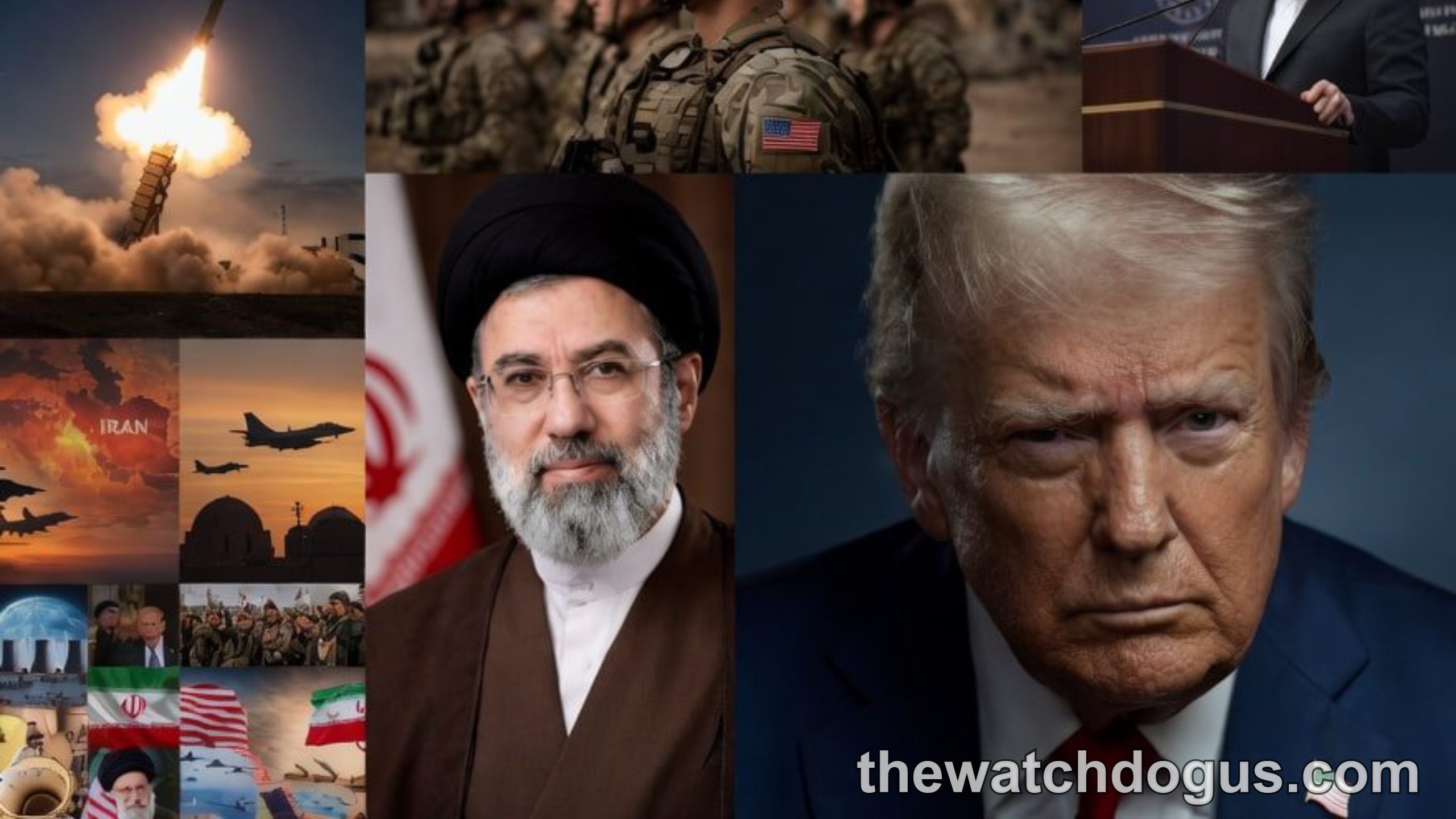 Composite image showing military aircraft, explosions, U.S. soldiers, missiles, and political figures related to Iran attack claims