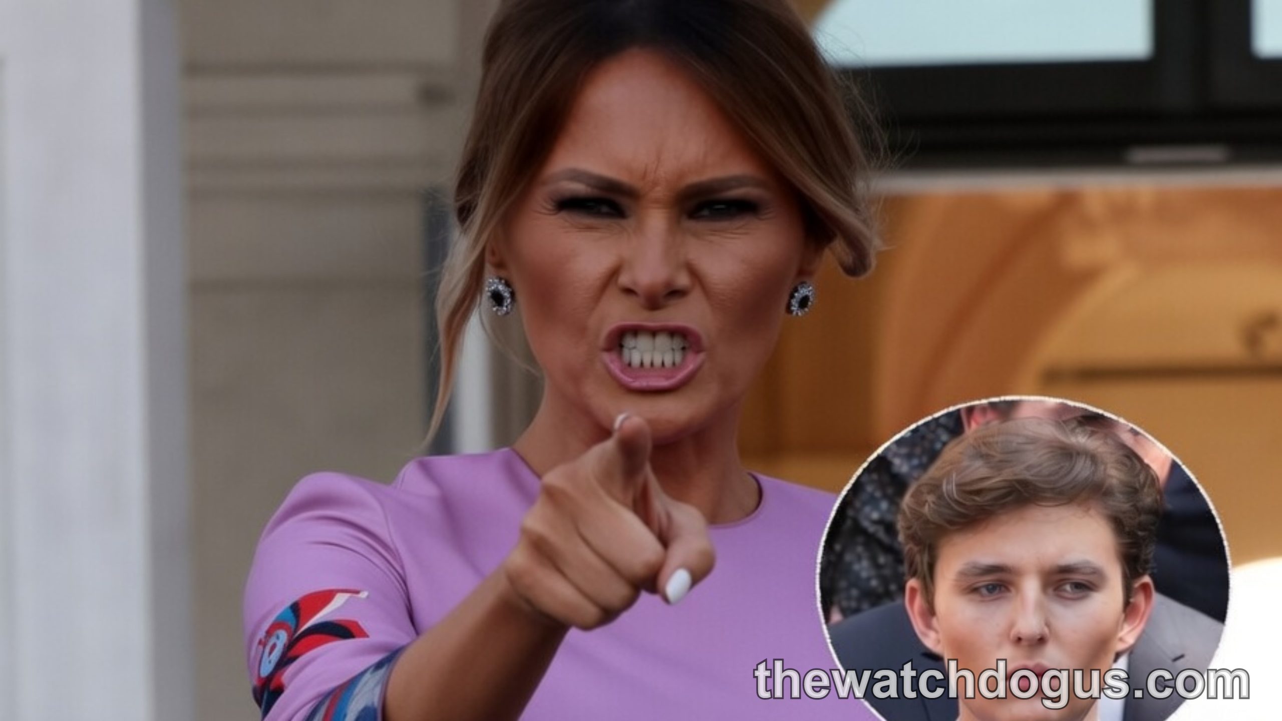 Melania Trump visibly angry pointing finger, inset shows Barron Trump, headline about Melania's reaction to Eric Trump's Barron privacy comments