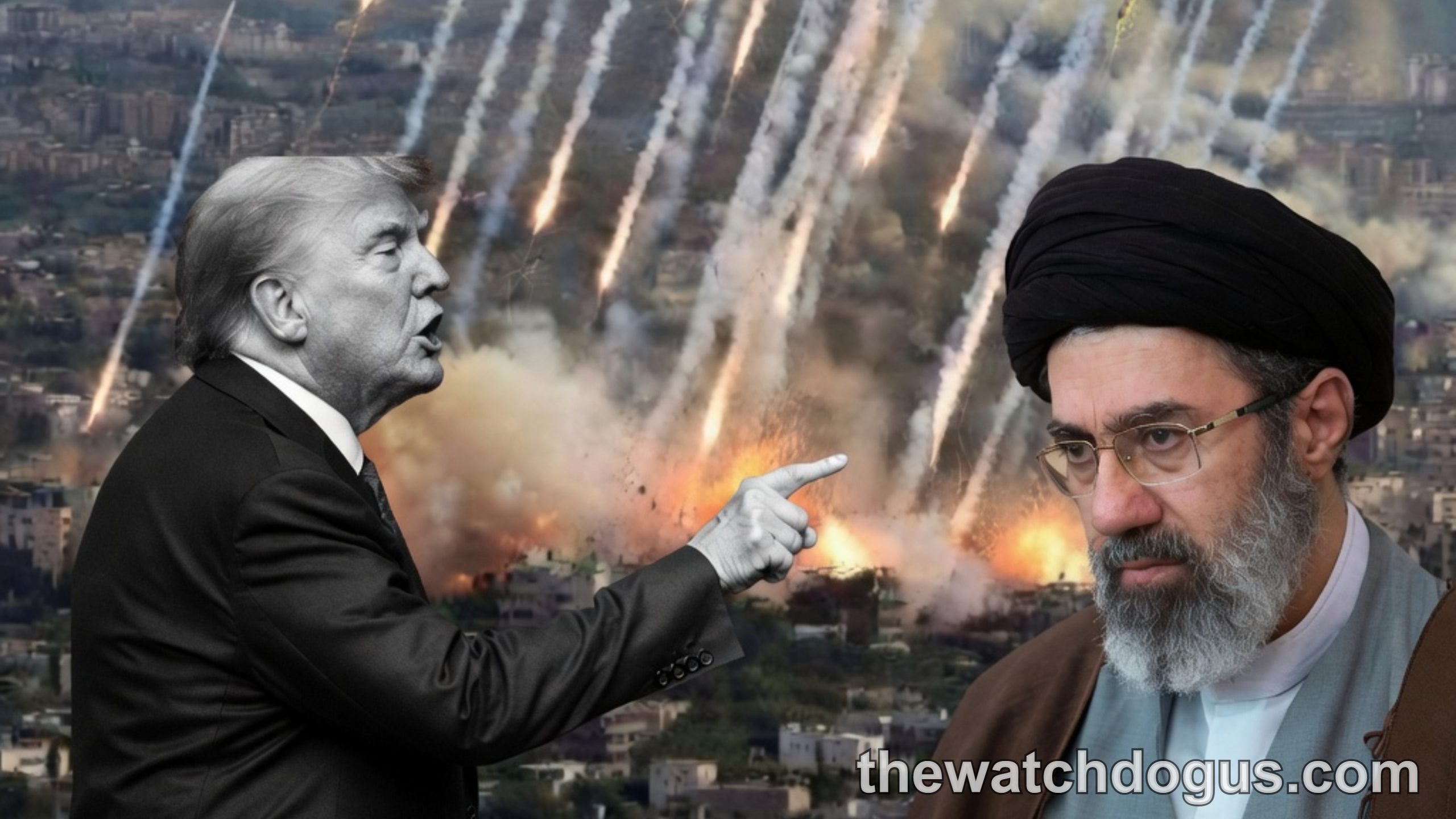 Composite image showing two political figures with building attacks blasts and explosions in cityscape background