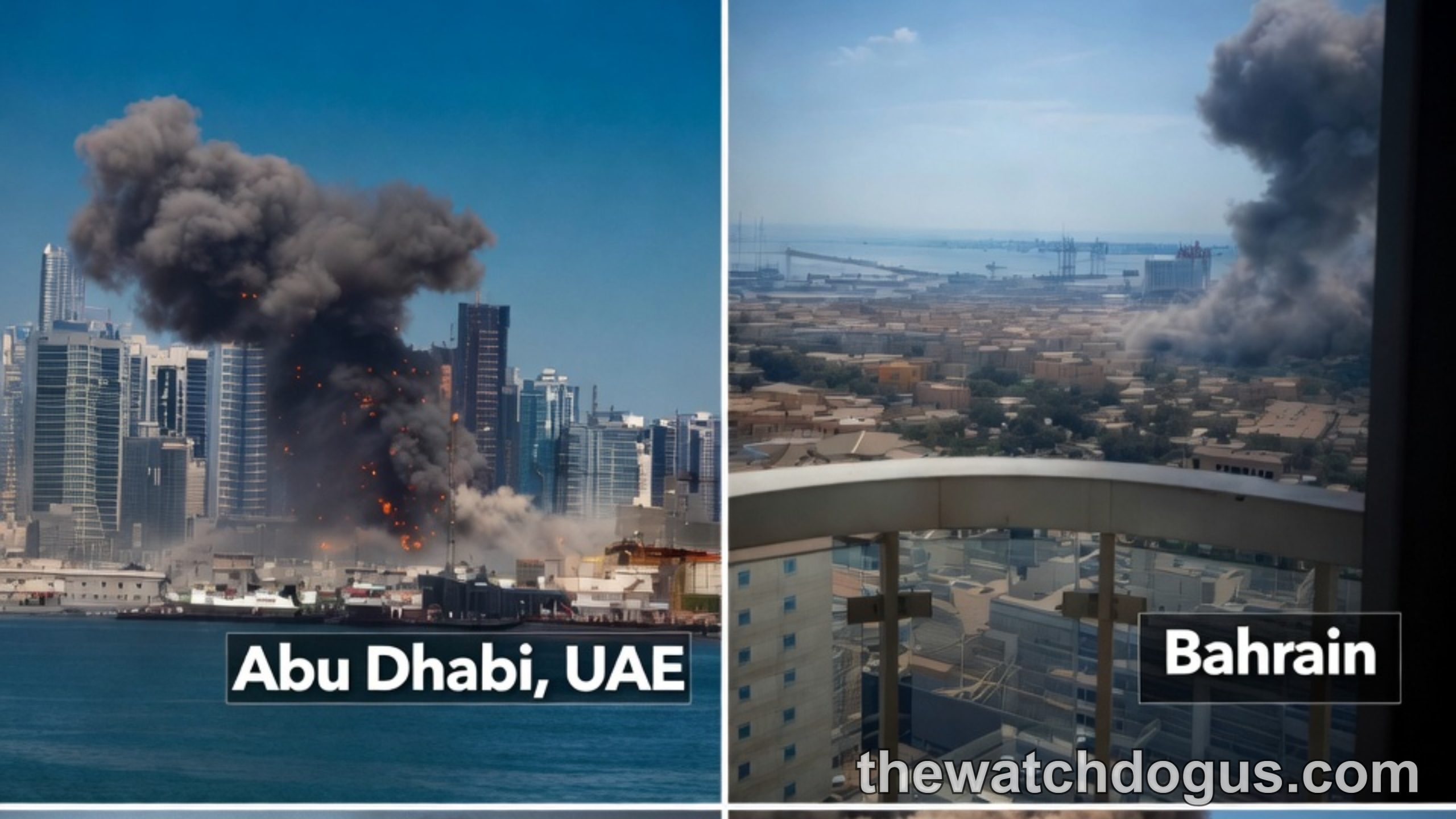 Iran missile attacks Persian Gulf impact explosions Abu Dhabi UAE Bahrain Qatar Saudi Arabia