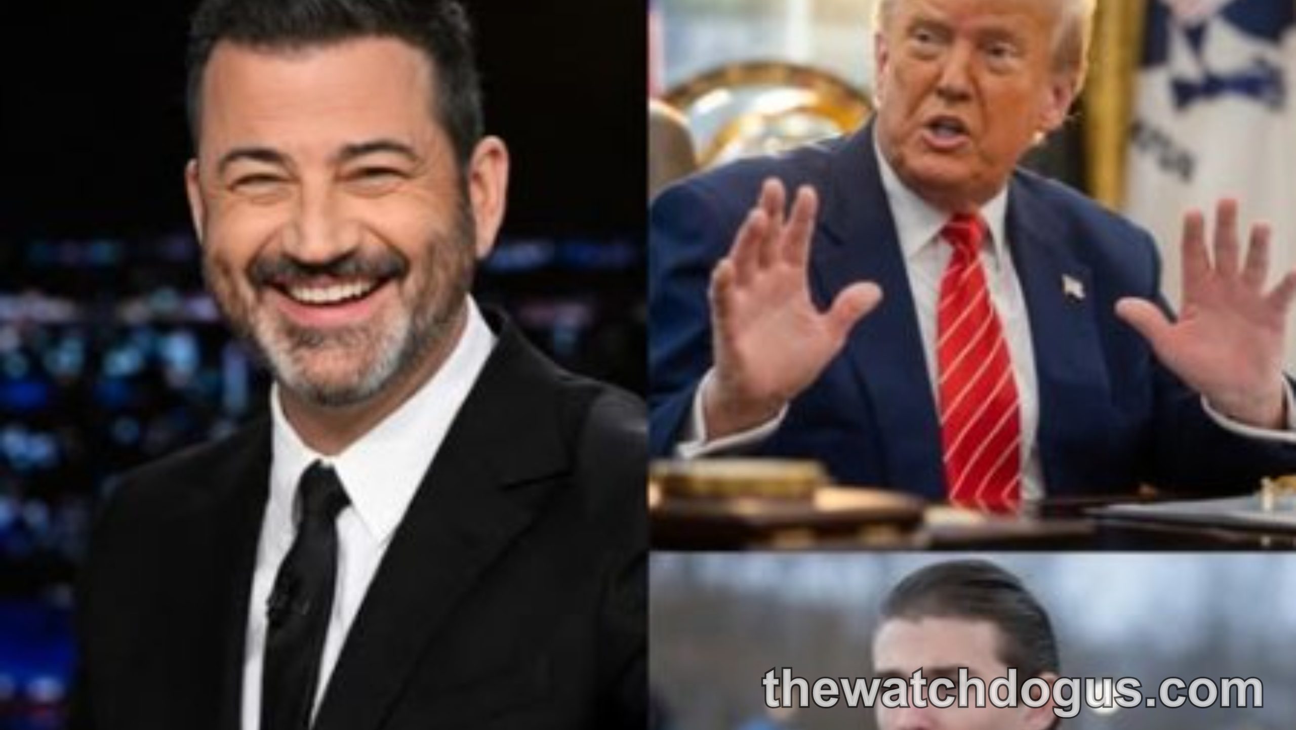 Jimmy Kimmel laughing alongside images of Donald Trump and another political figure in viral segment comparison
