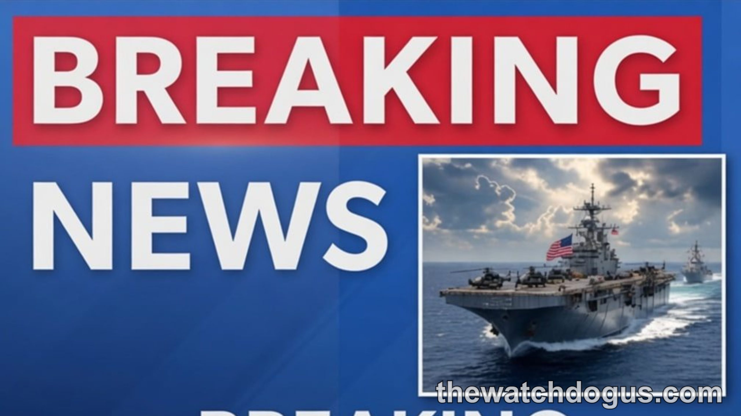 Breaking news graphic showing US Navy aircraft carrier with headline about Marines deployment to Middle East
