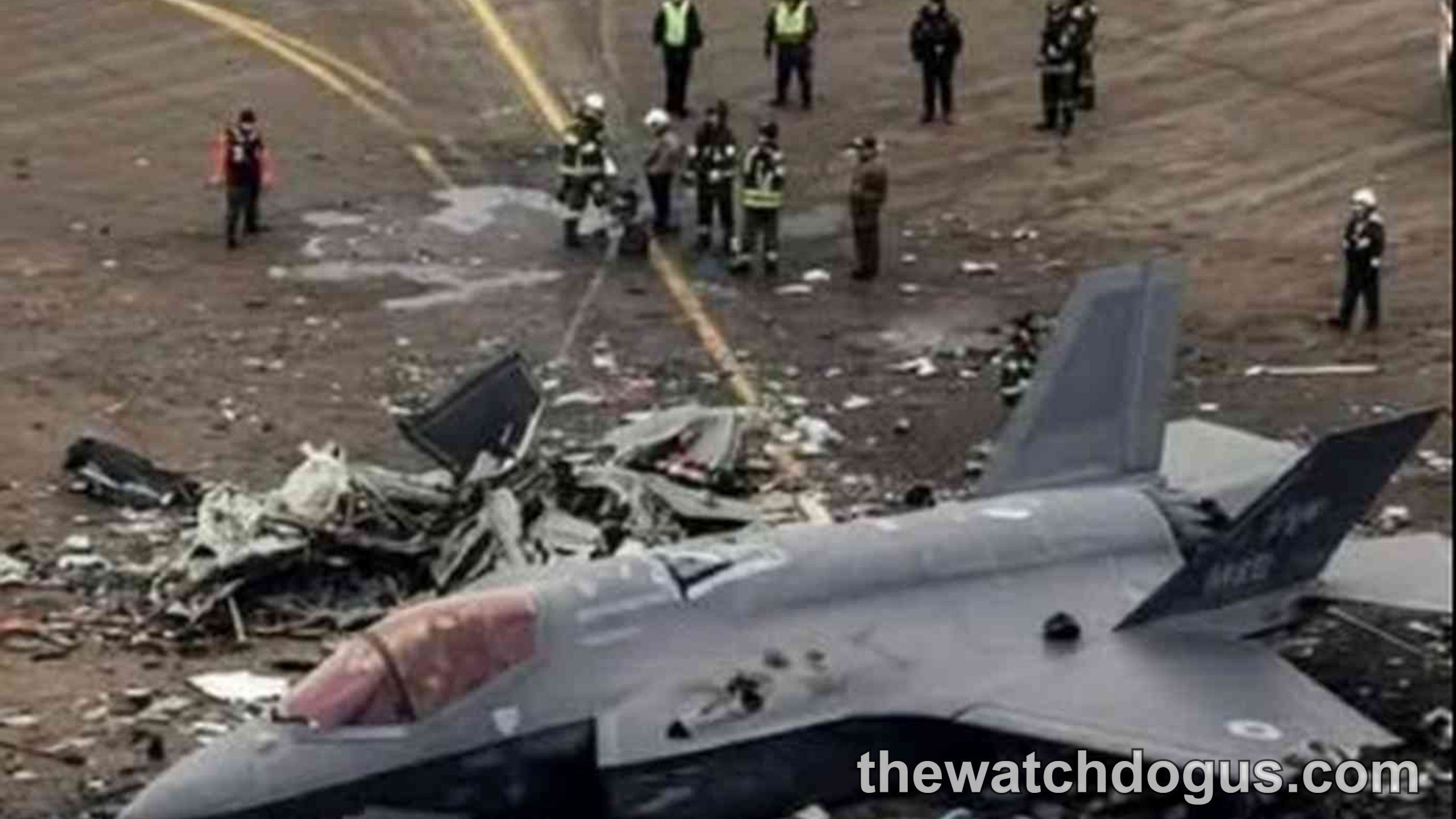 Navy aircraft crash site with wreckage debris and emergency responders investigating the incident on ground