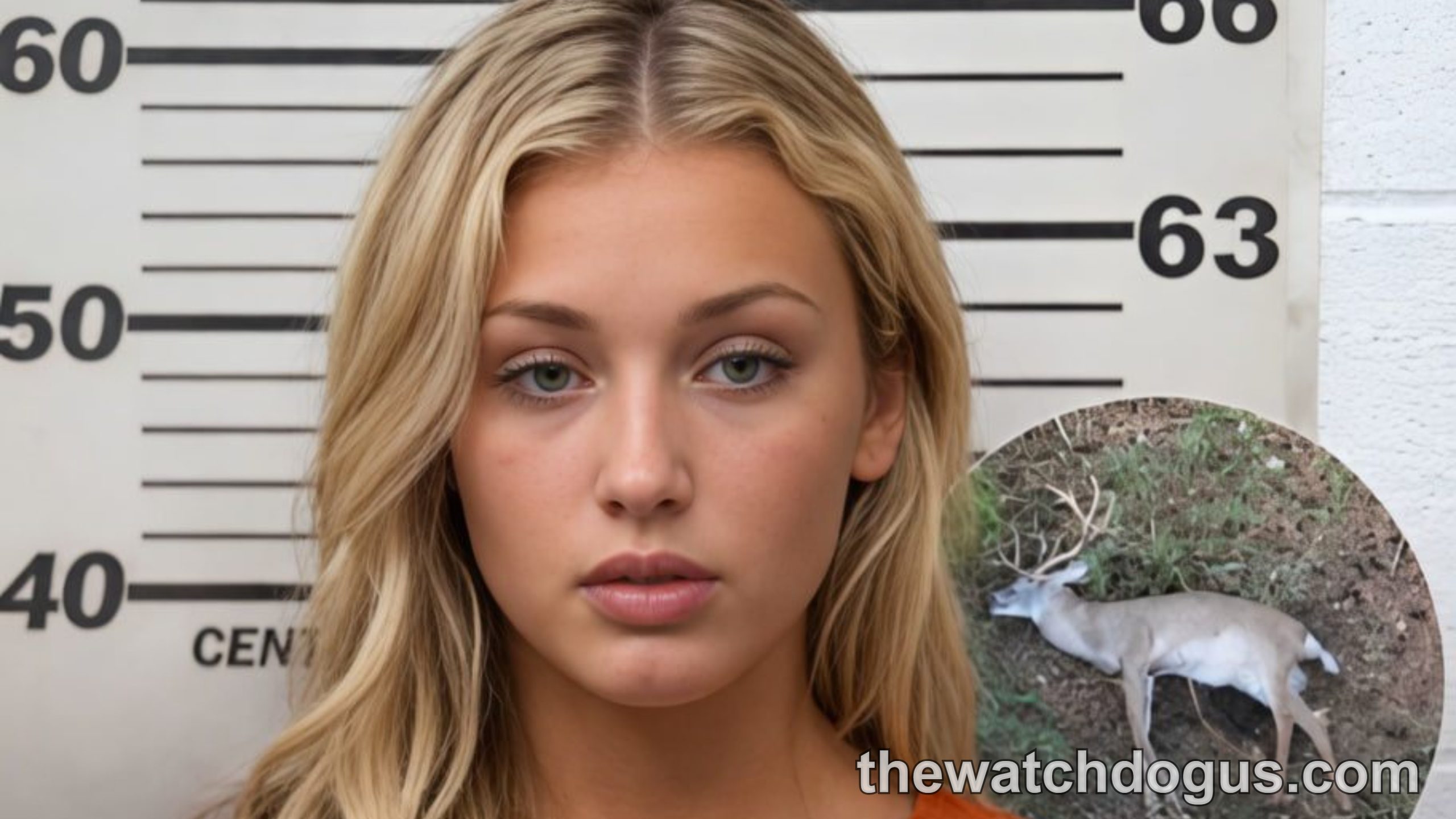 Woman in orange jail uniform poses for mugshot with viral video privacy concerns highlighted in circular inset